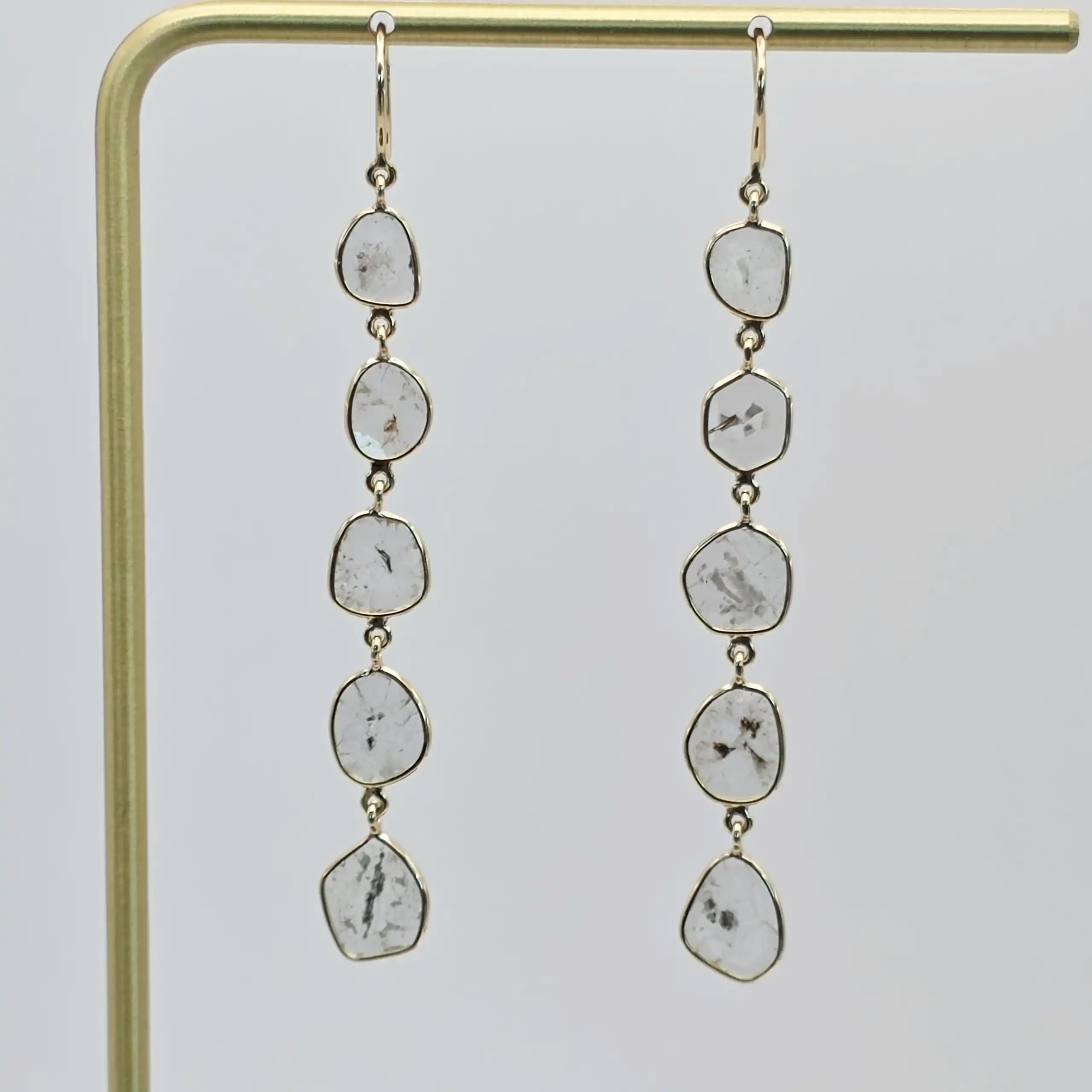 2.60 cts natural diamond slice long drop earrings in 14K yellow gold