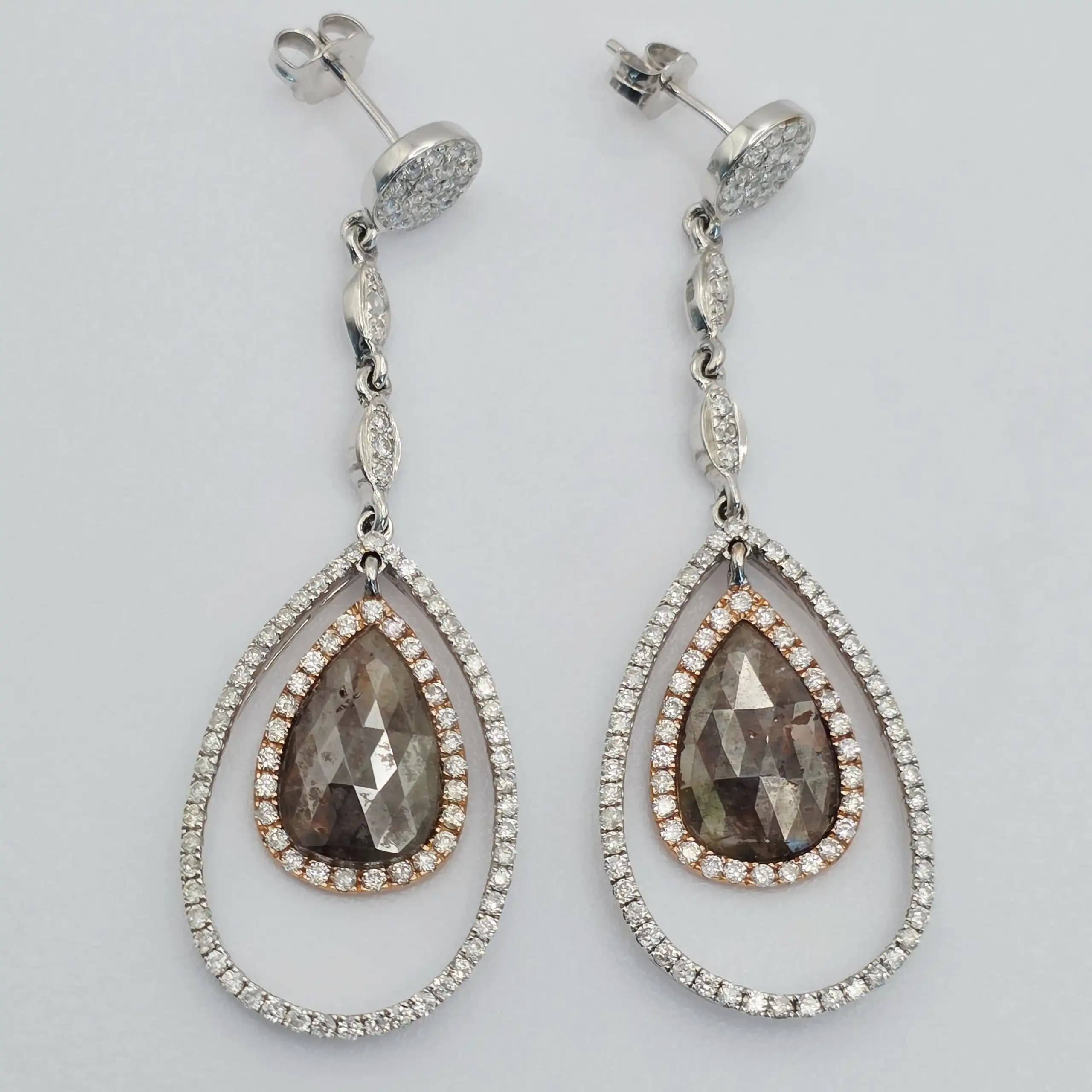 4.46 cts pear rose cut natural diamond orbit drop earrings in two tone 14K gold
