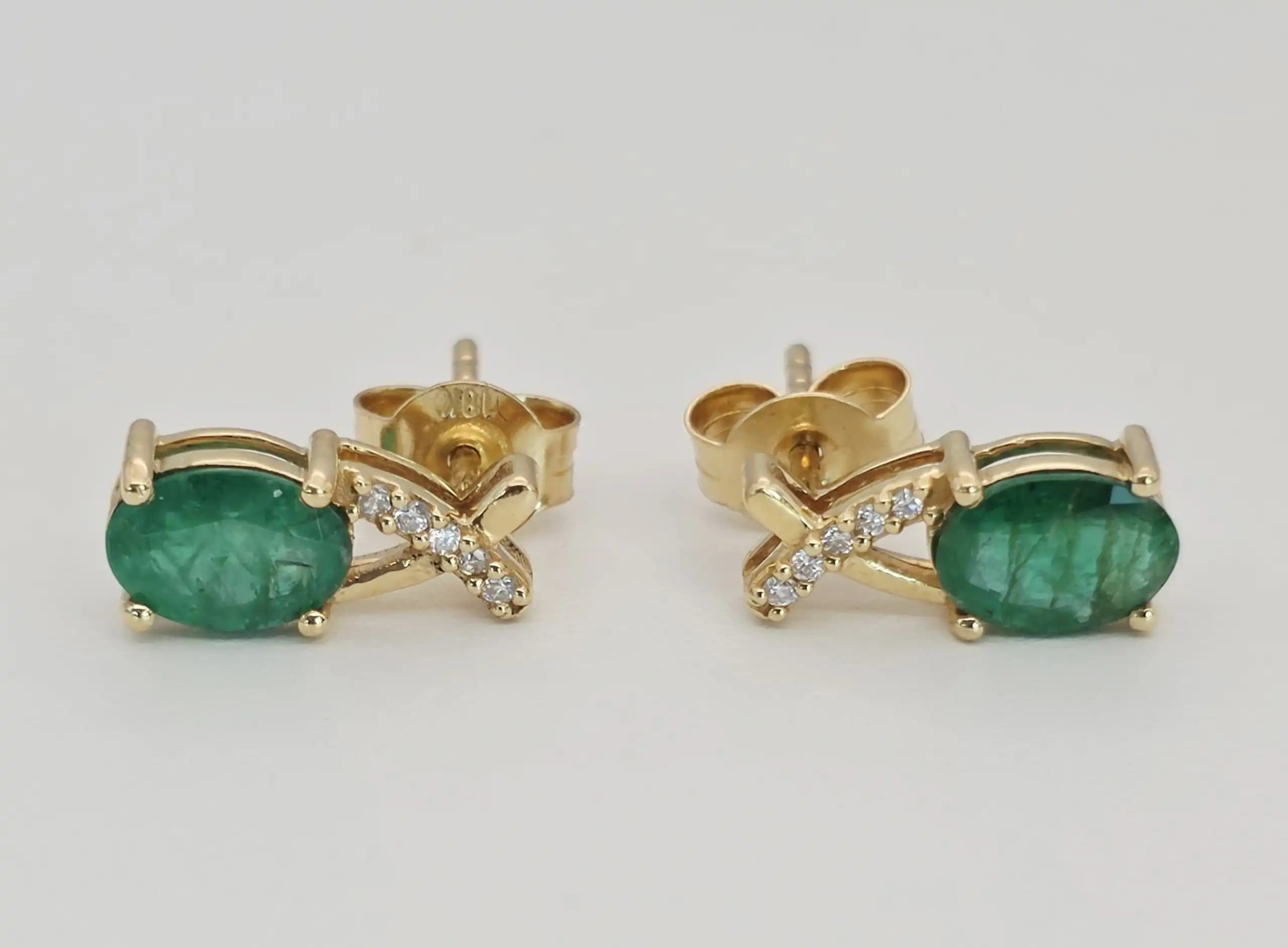 14K Gold Oval Shape Natural Emerald Stud Earrings with Diamond Accents
