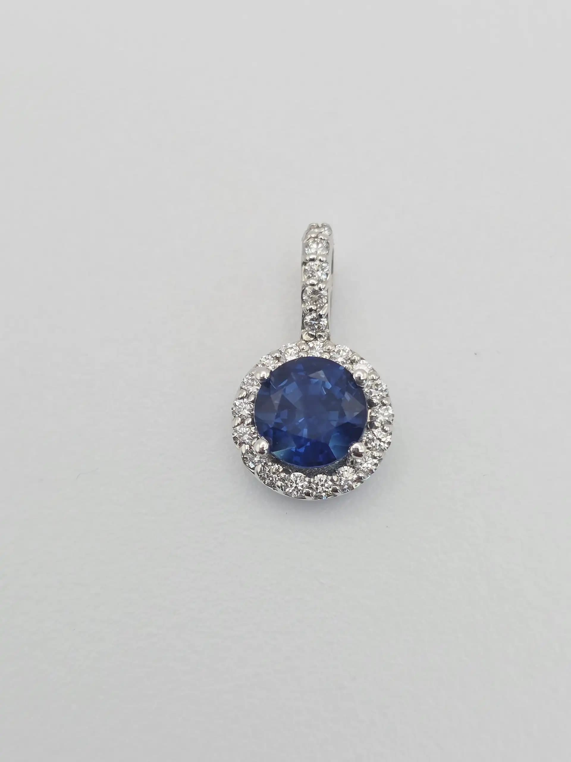 1.96 cts round natural blue sapphire and diamond halo pendant in 14K white gold