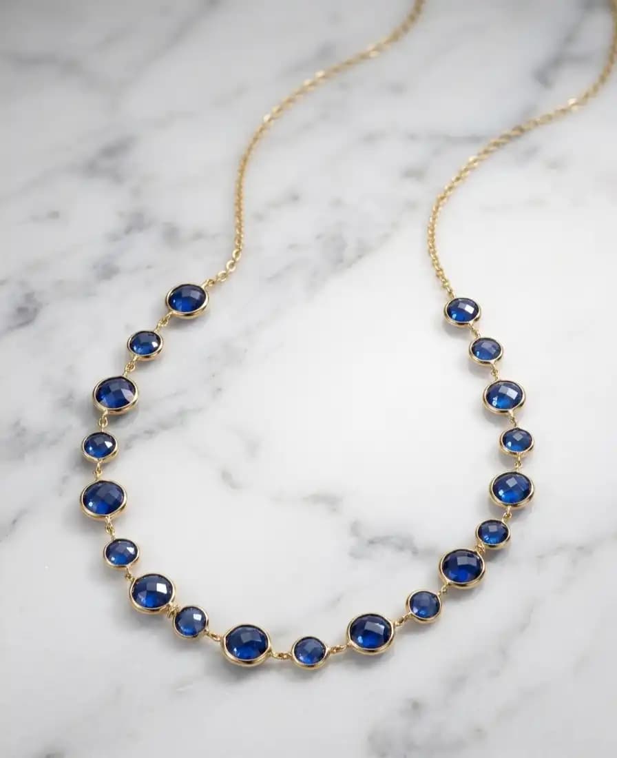 6.90 cts round rose cut natural blue sapphire station necklace in 14K yellow gold