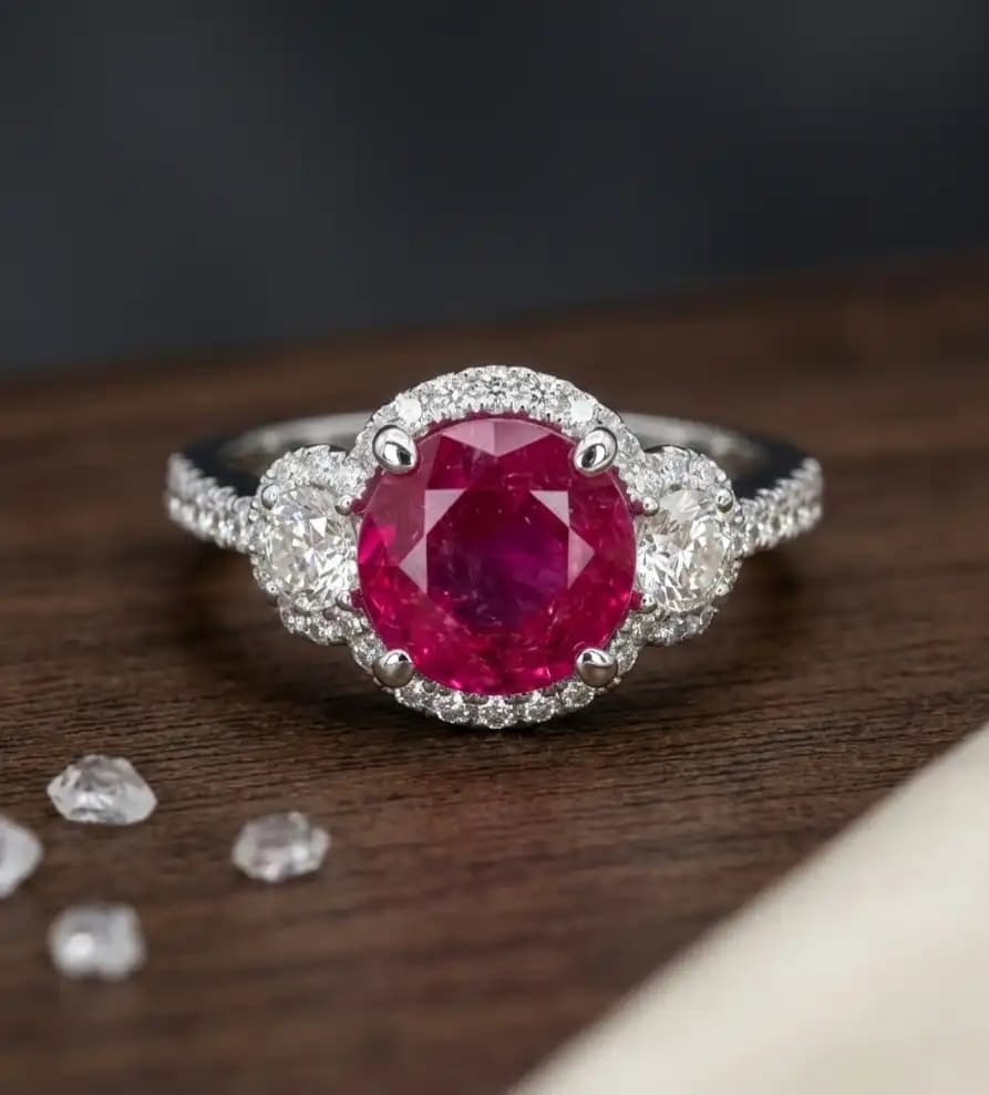 2.90 cts round shape natural ruby and diamond halo ring in 18K white gold