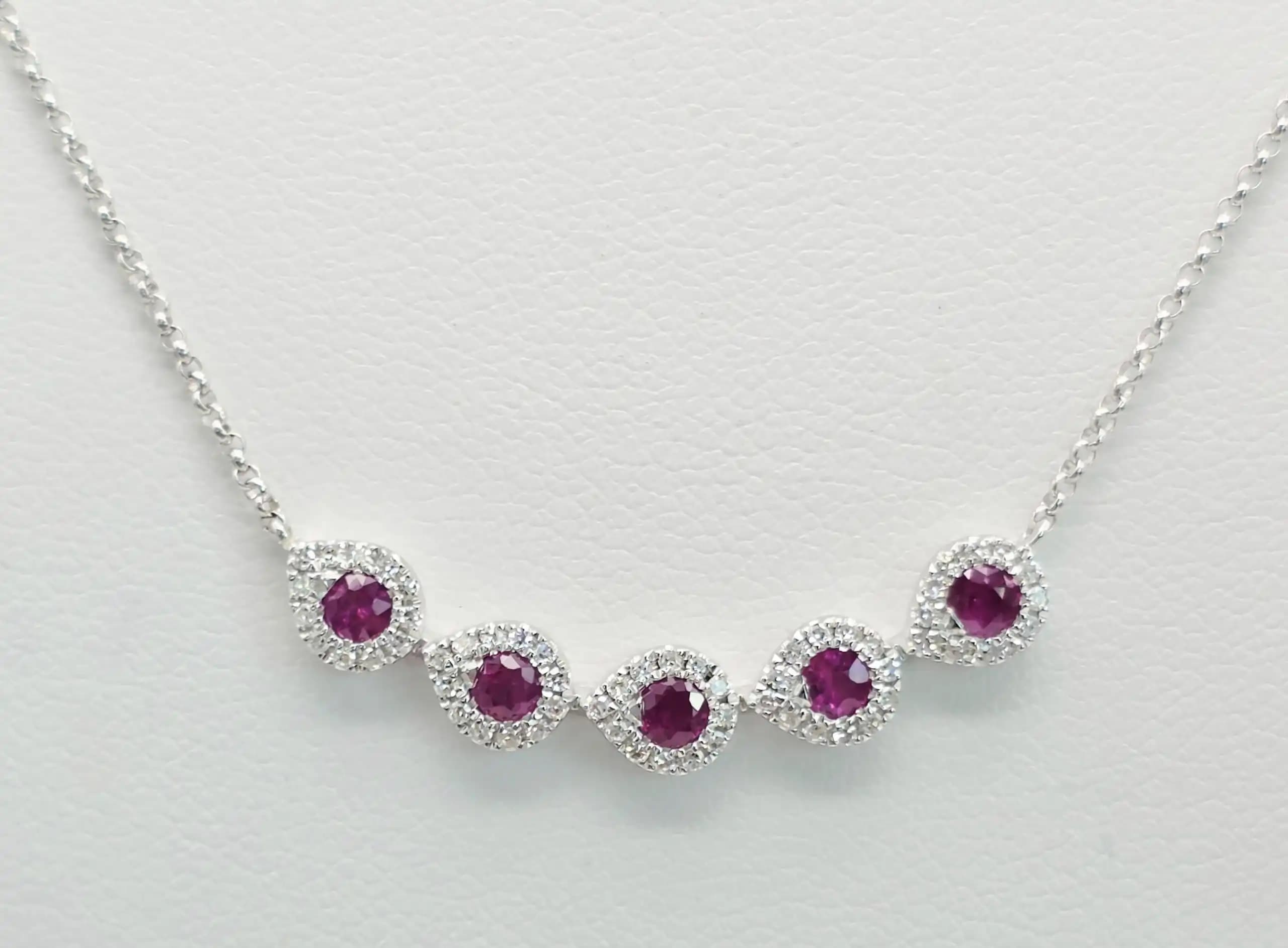 0.50 cts round natural ruby and diamond halo bar necklace in 14K white gold