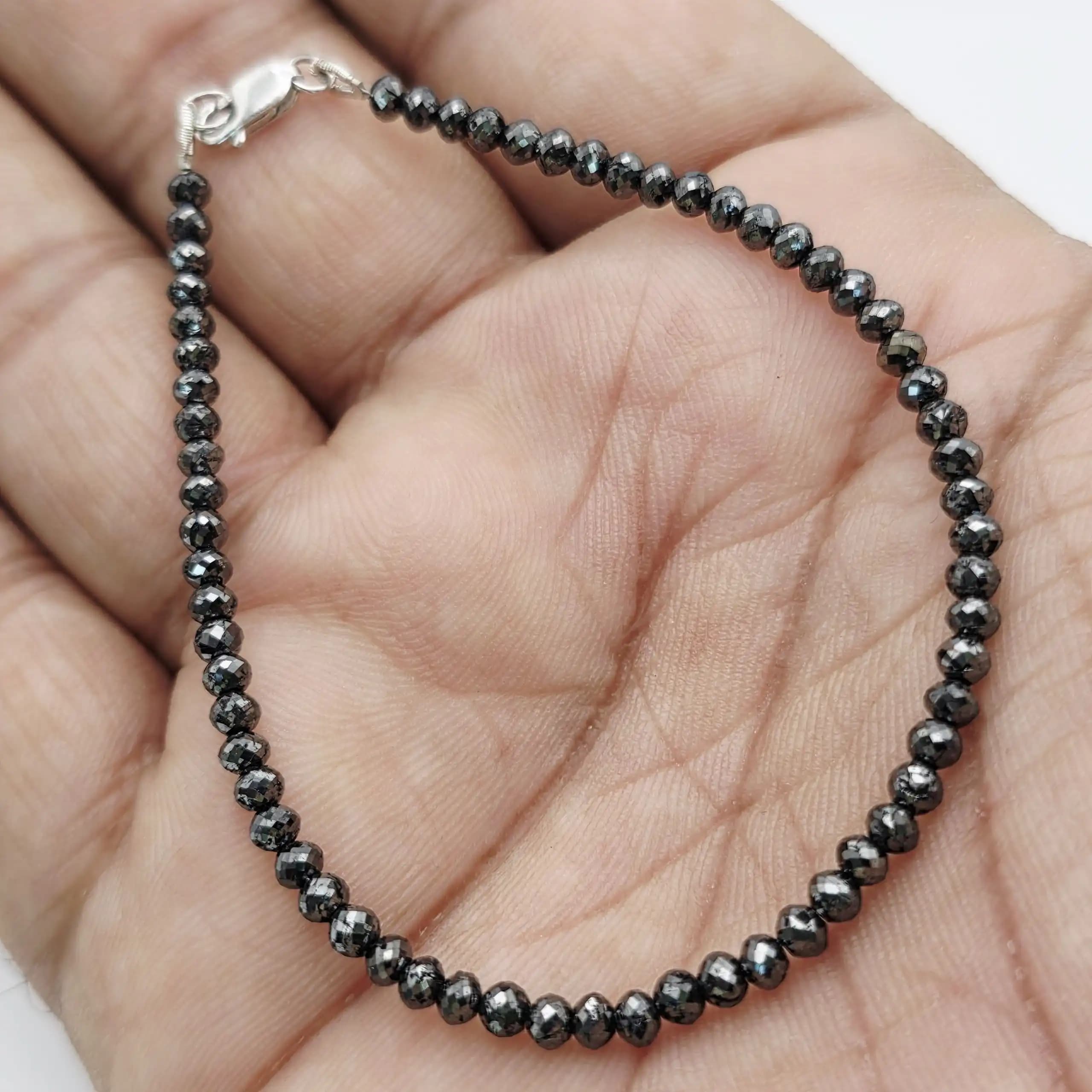 14.30 cts faceted natural black diamond bead bracelet in 14K white gold