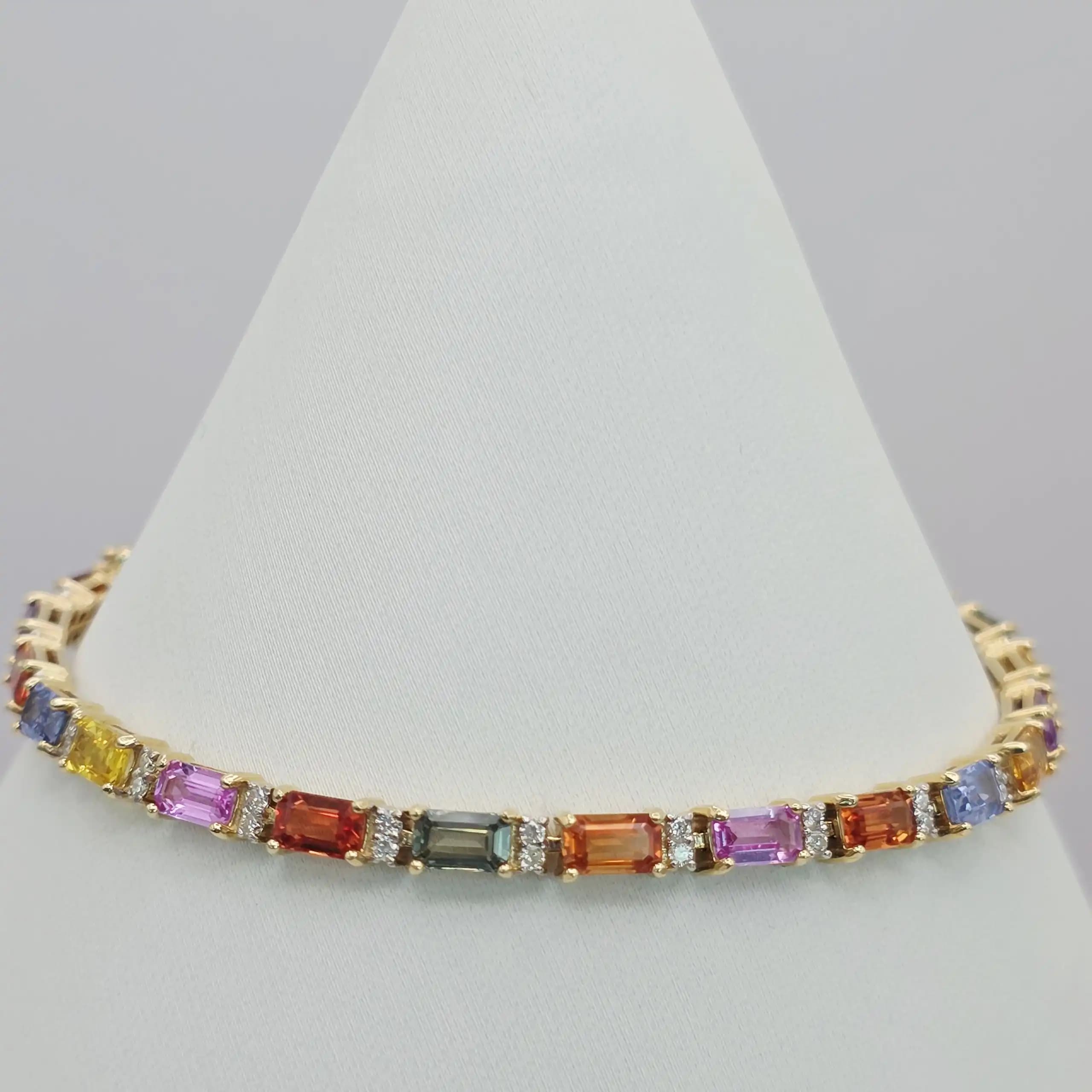 12.24 cts multi colour natural sapphire tennis bracelet in 14K yellow gold