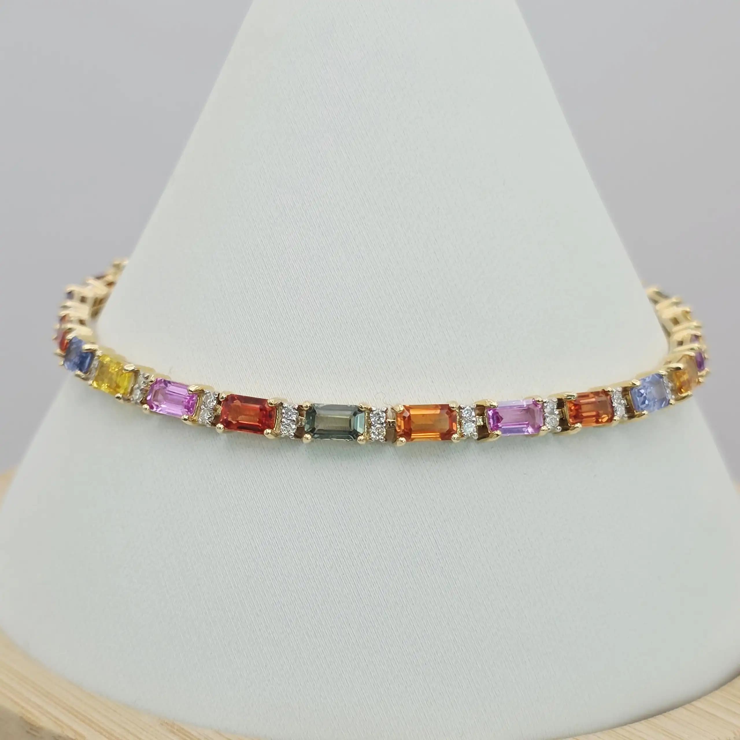 12.24 cts multi colour natural sapphire tennis bracelet in 14K yellow gold