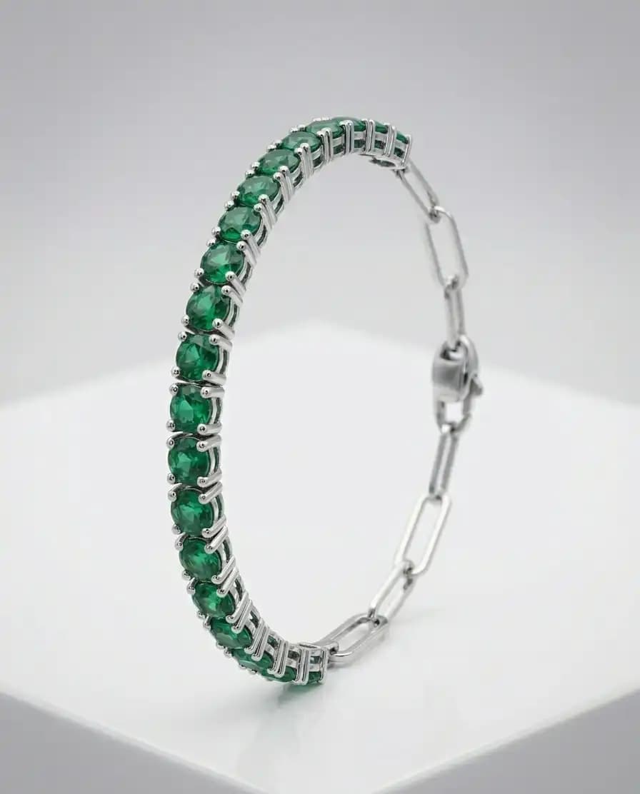1.23 cts round natural emerald bar bracelet in 14K white gold