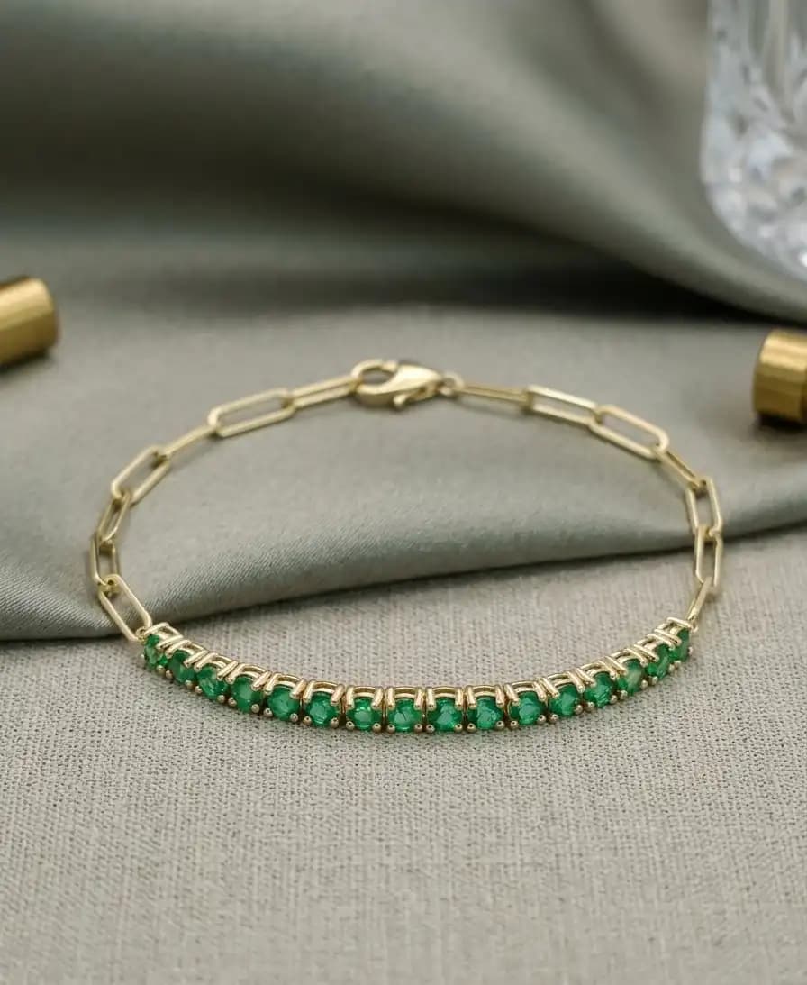 1.23 cts round natural emerald bar bracelet in 14K white gold