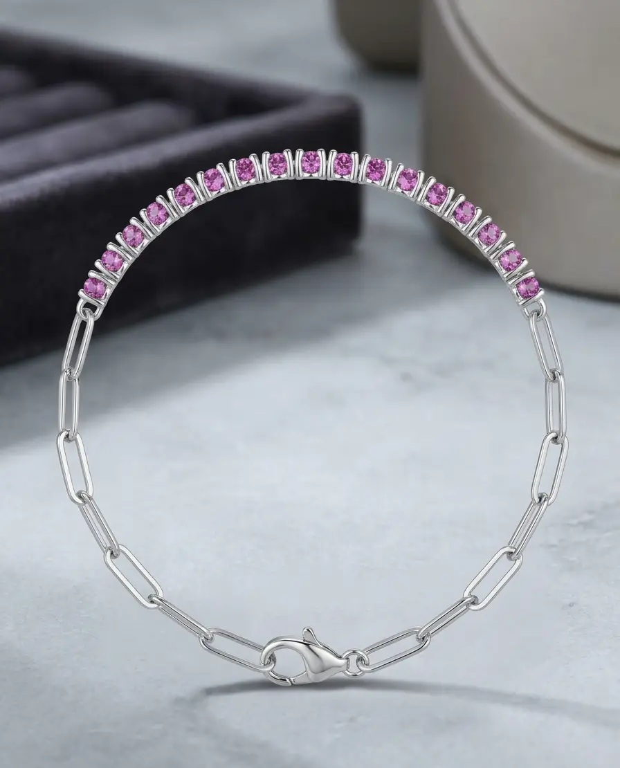 1.20 cts round natural pink sapphire bar bracelet in 14K white gold