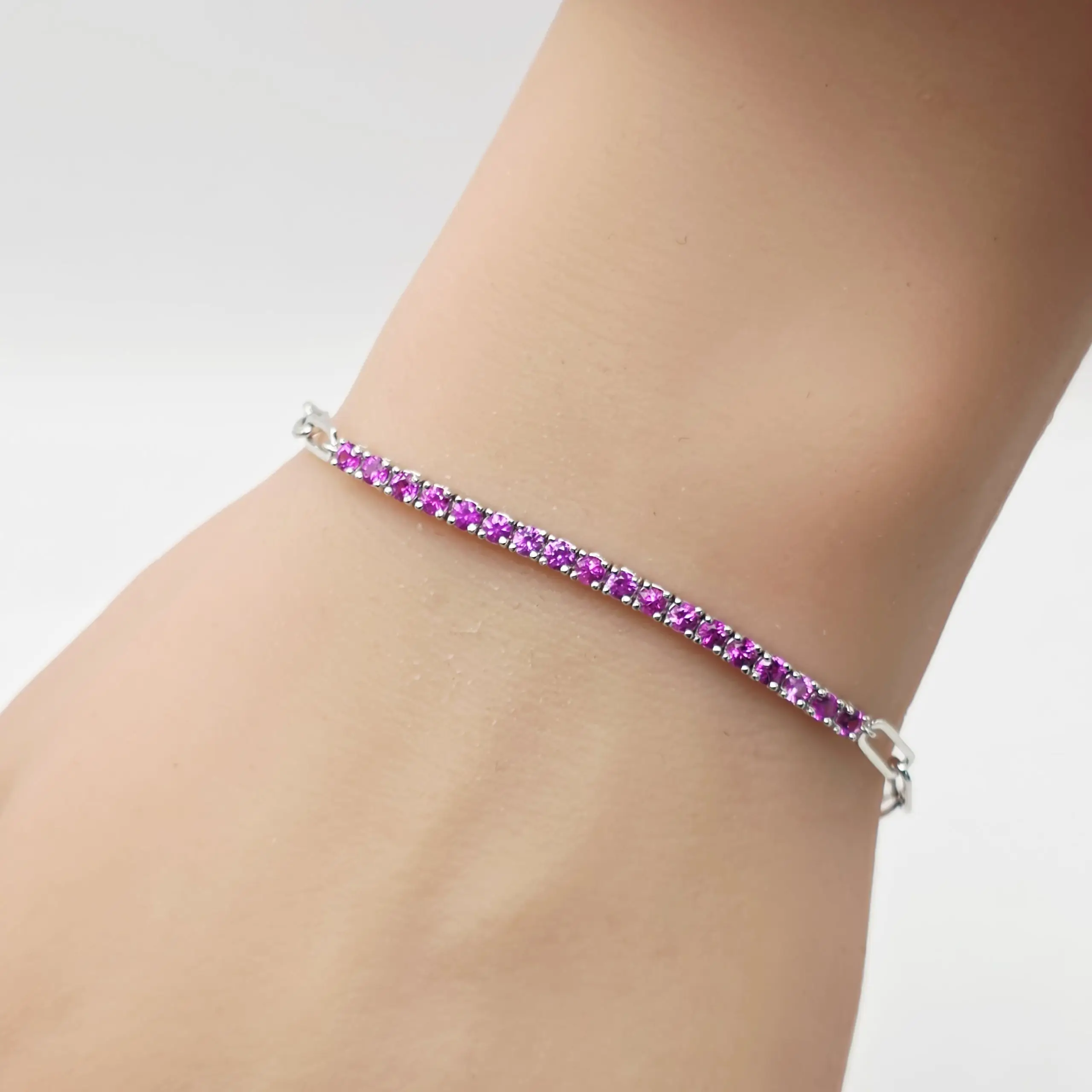 1.20 cts round natural pink sapphire bar bracelet in 14K white gold