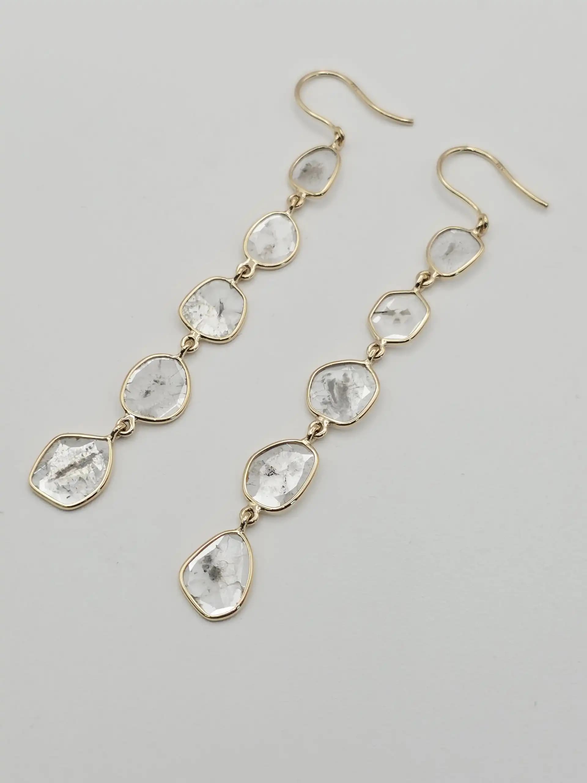 2.60 cts natural diamond slice long drop earrings in 14K yellow gold
