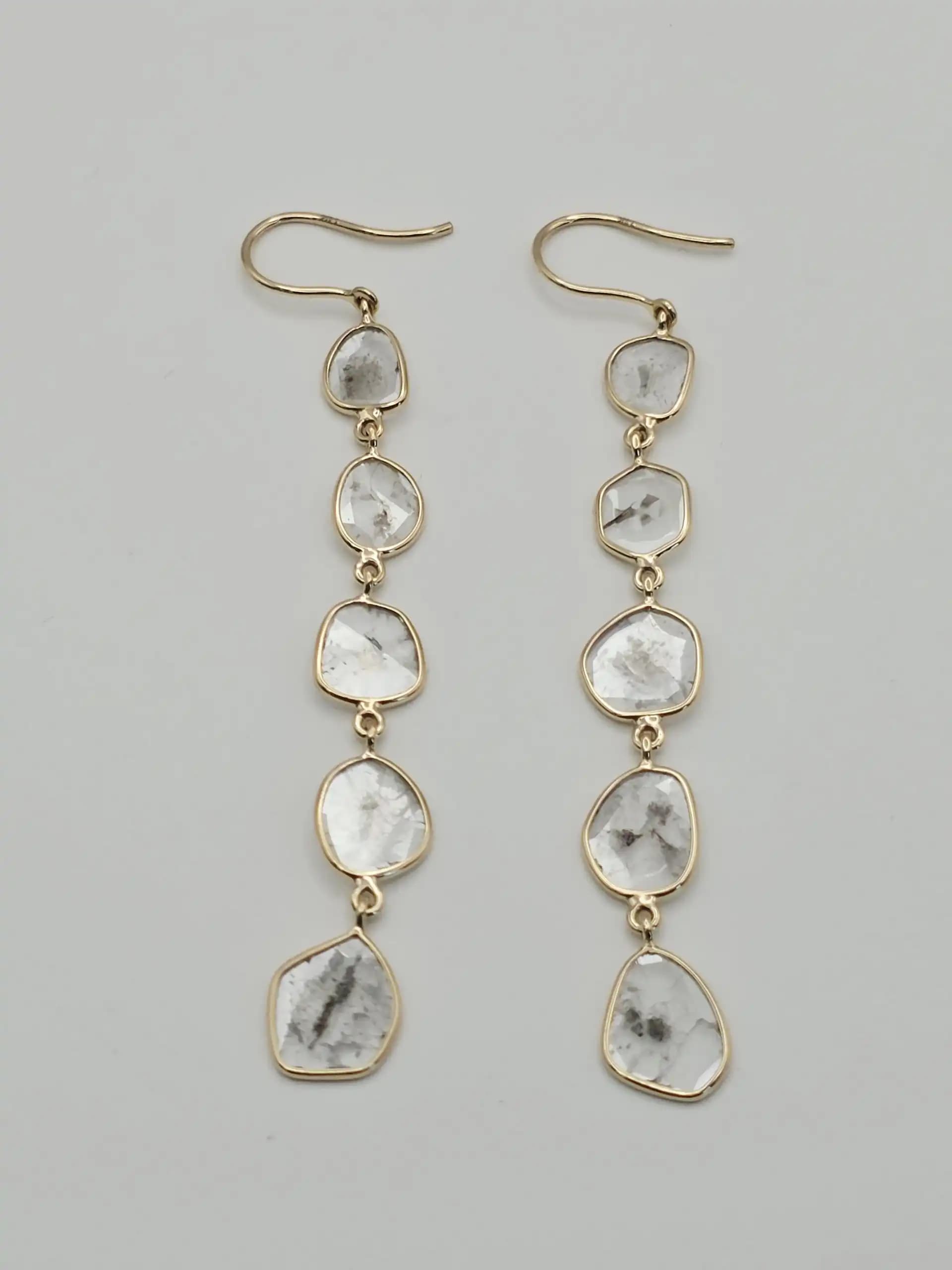 2.60 cts natural diamond slice long drop earrings in 14K yellow gold