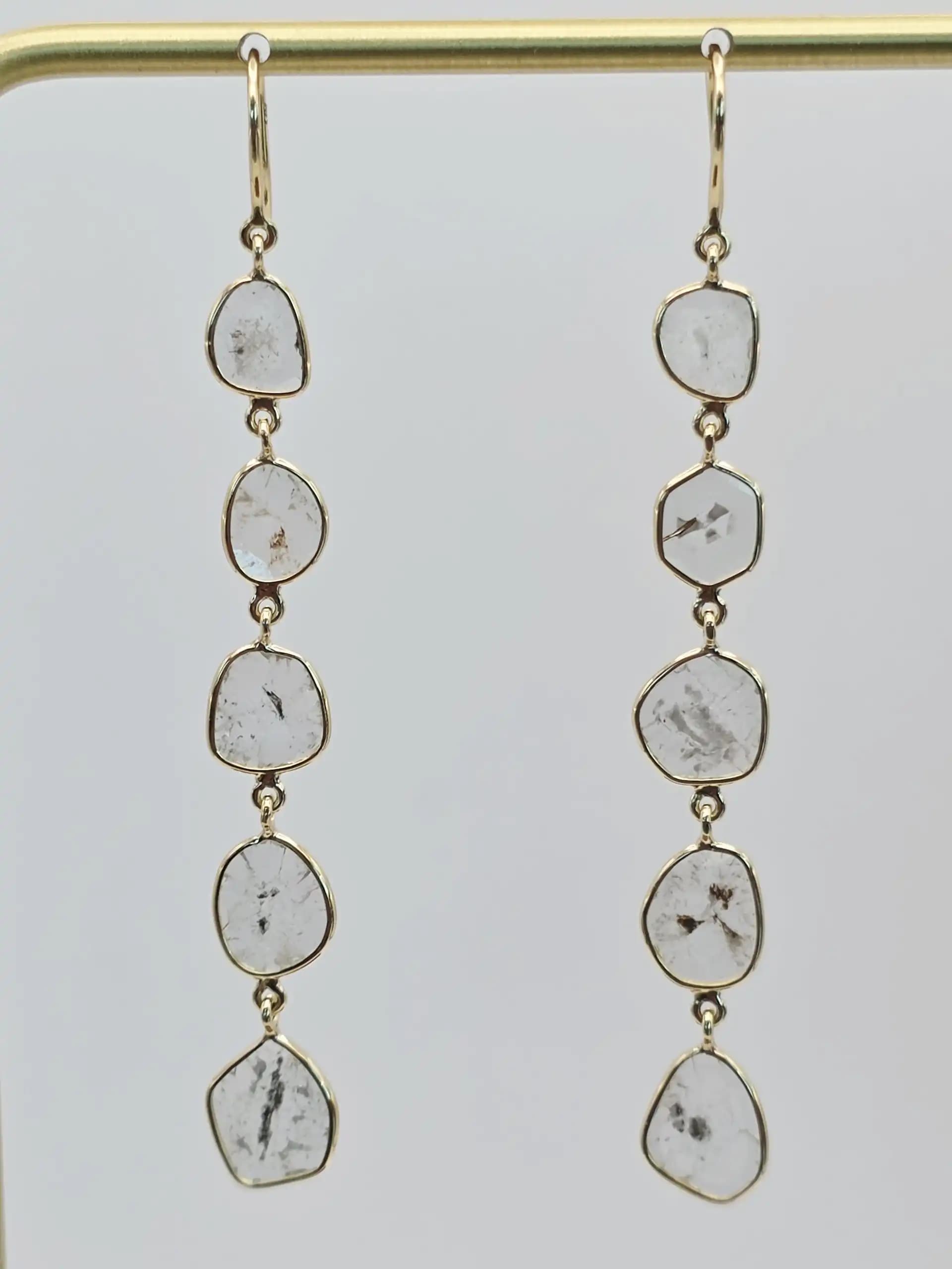 2.60 cts natural diamond slice long drop earrings in 14K yellow gold