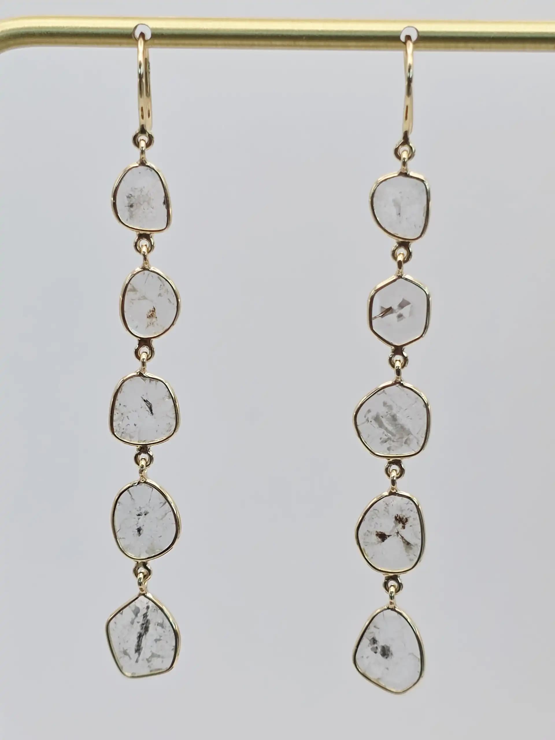 2.60 cts natural diamond slice long drop earrings in 14K yellow gold