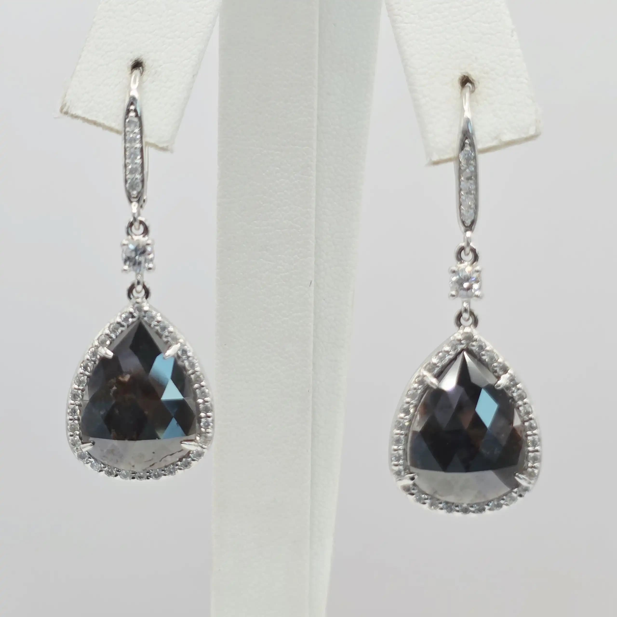 8.16 cts pear rose cut natural diamond halo drop earrings in 14K white gold
