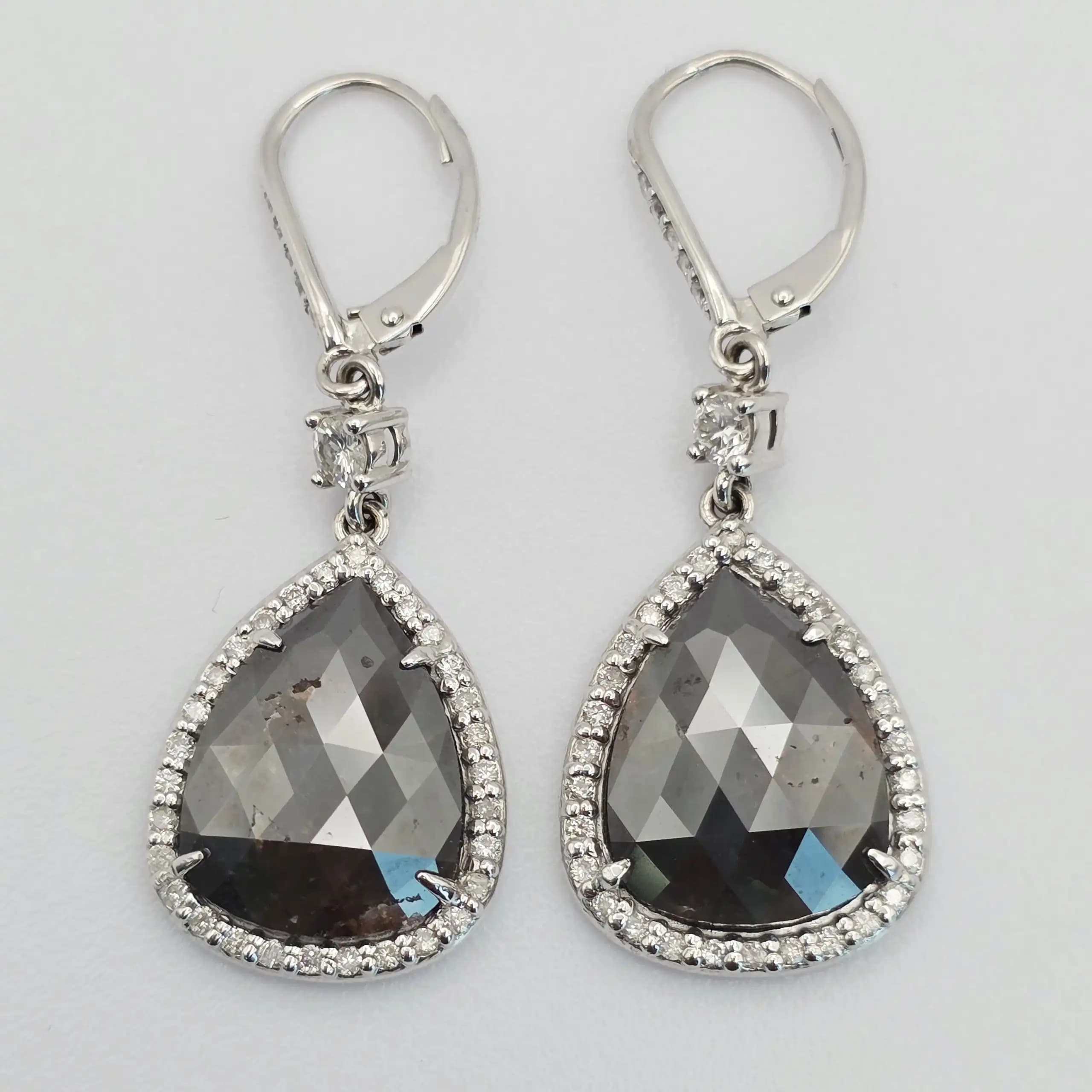 8.16 cts pear rose cut natural diamond halo drop earrings in 14K white gold