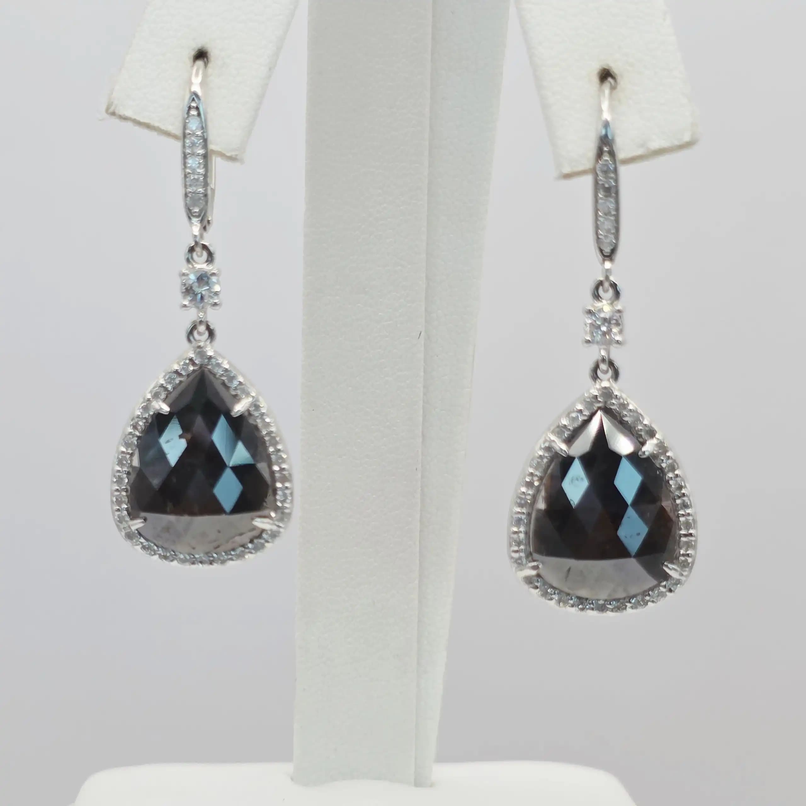 8.16 cts pear rose cut natural diamond halo drop earrings in 14K white gold