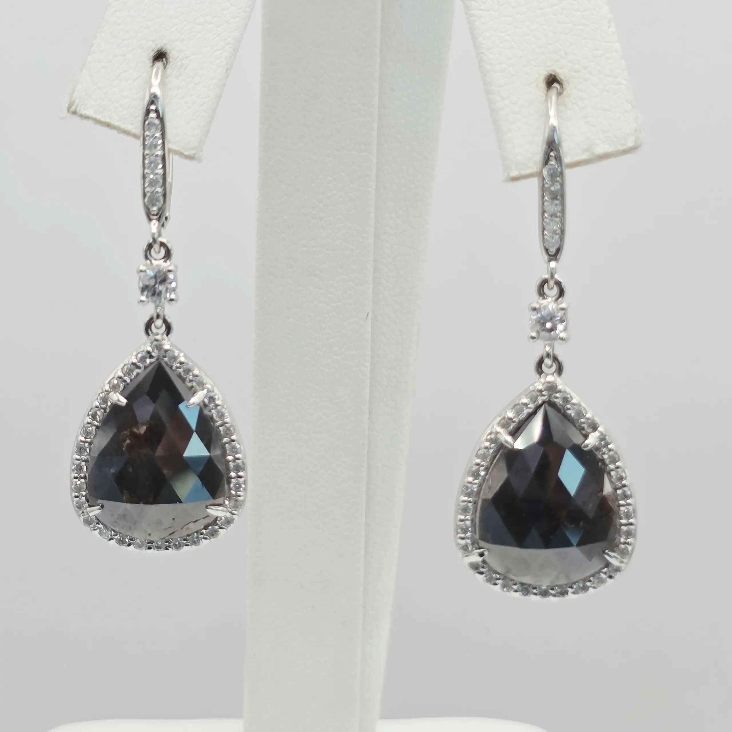 8.16 cts pear rose cut natural diamond halo drop earrings in 14K white gold