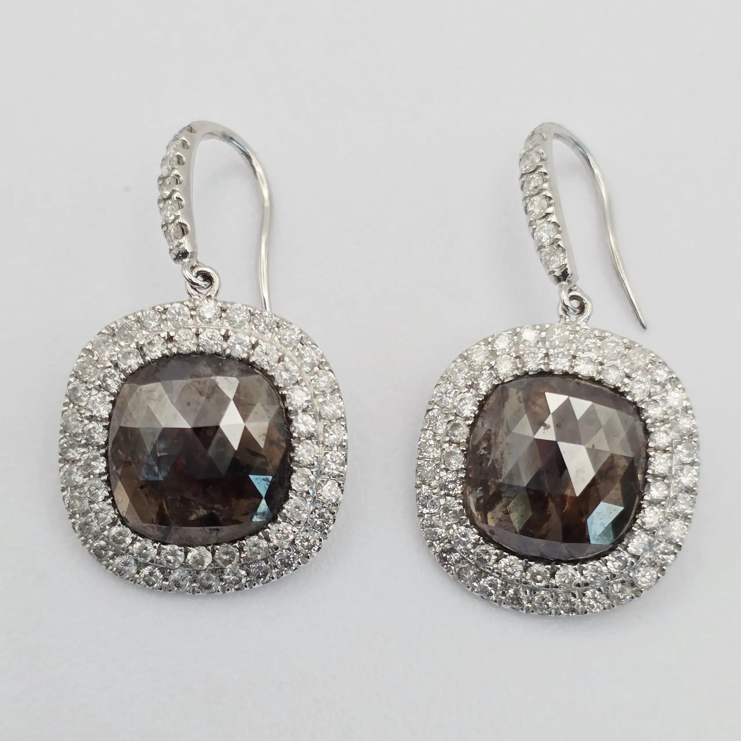 8.26 cts pear rose cut natural diamond double halo drop earrings in 14K white gold