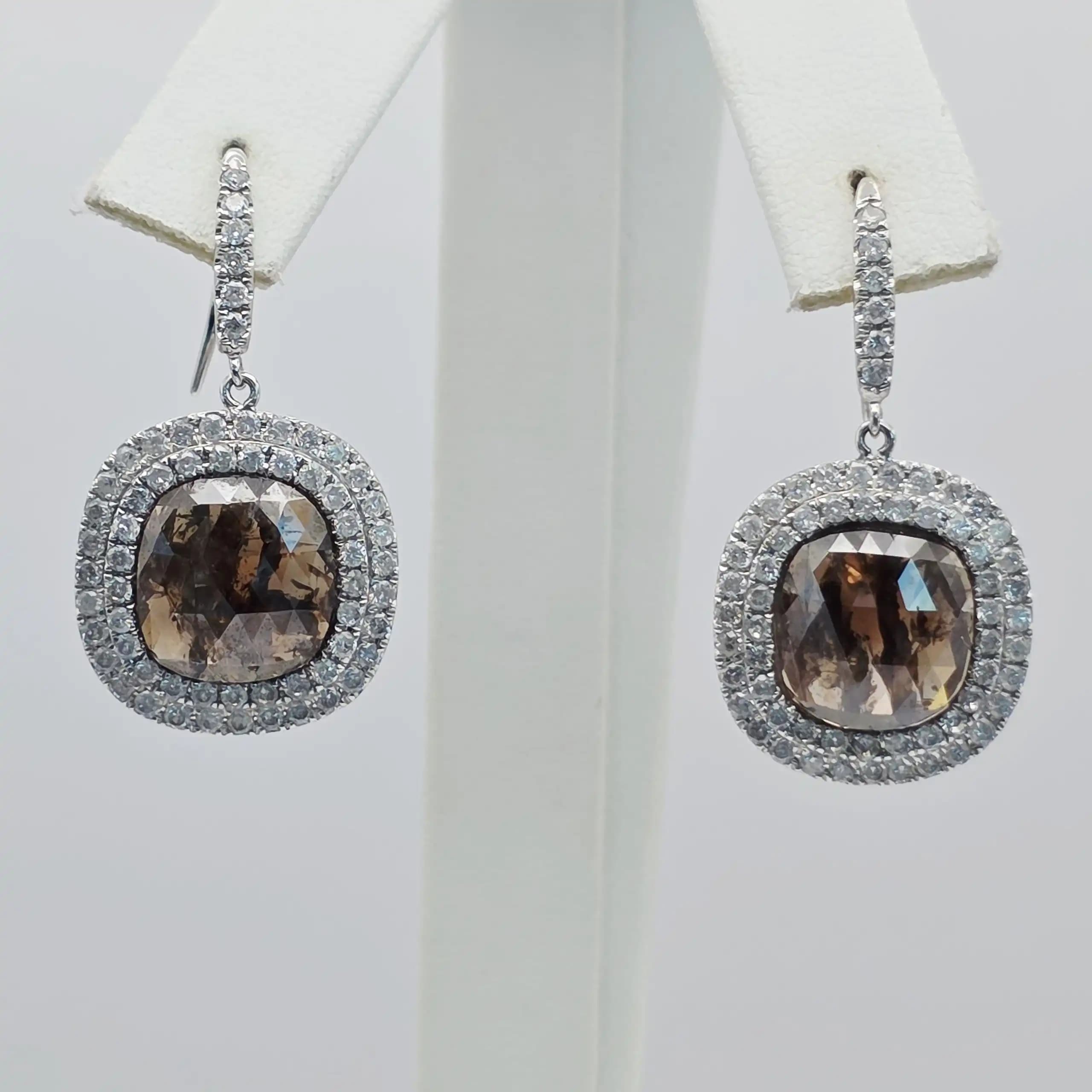 8.26 cts pear rose cut natural diamond double halo drop earrings in 14K white gold