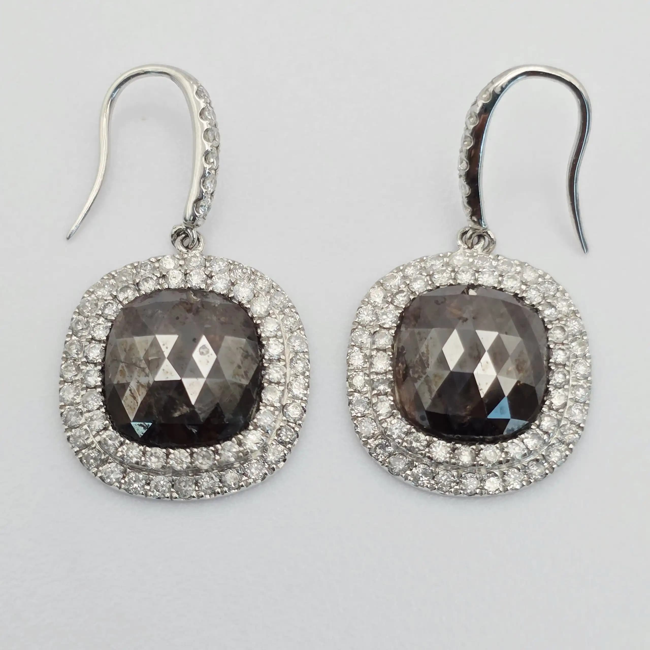8.26 cts pear rose cut natural diamond double halo drop earrings in 14K white gold