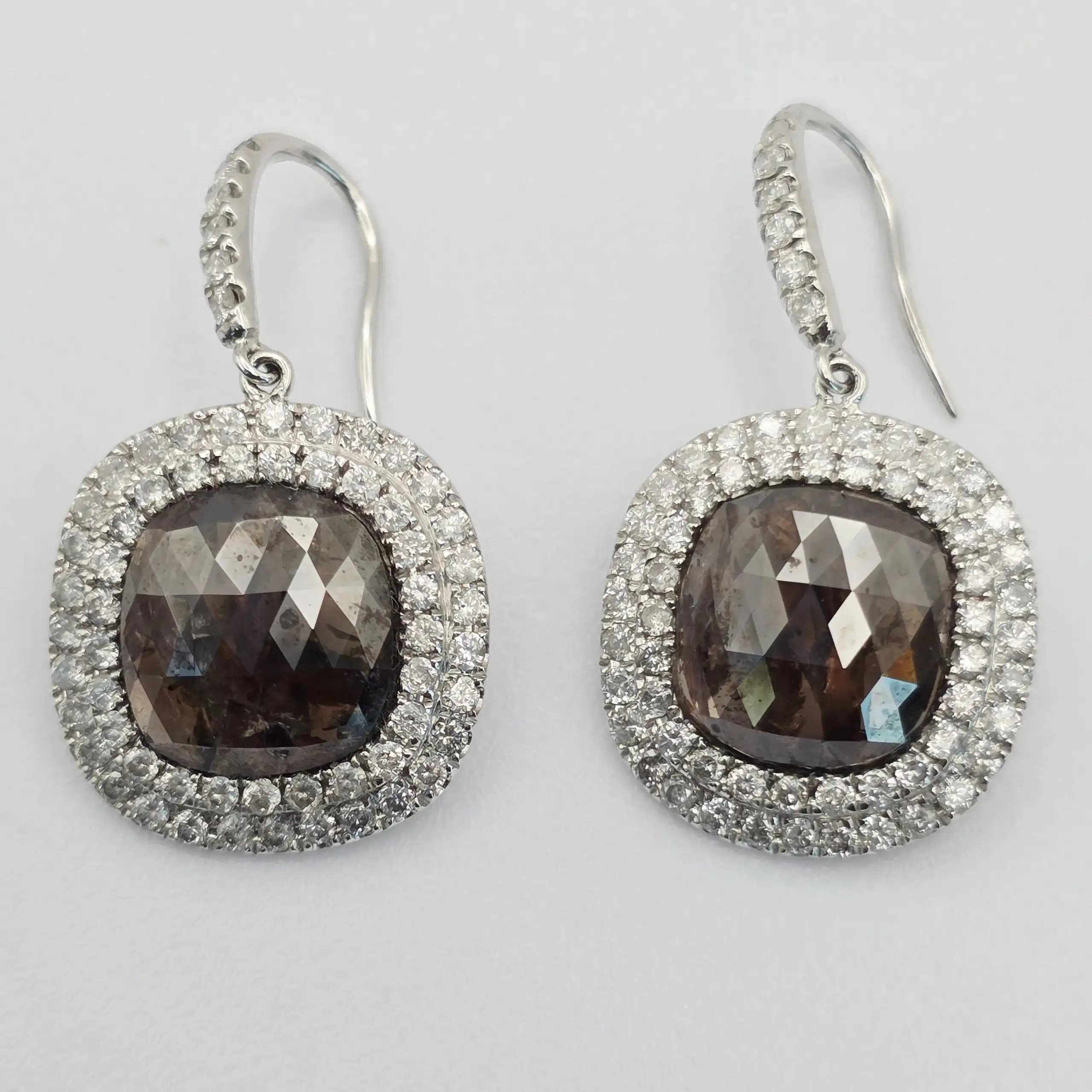 8.26 cts pear rose cut natural diamond double halo drop earrings in 14K white gold