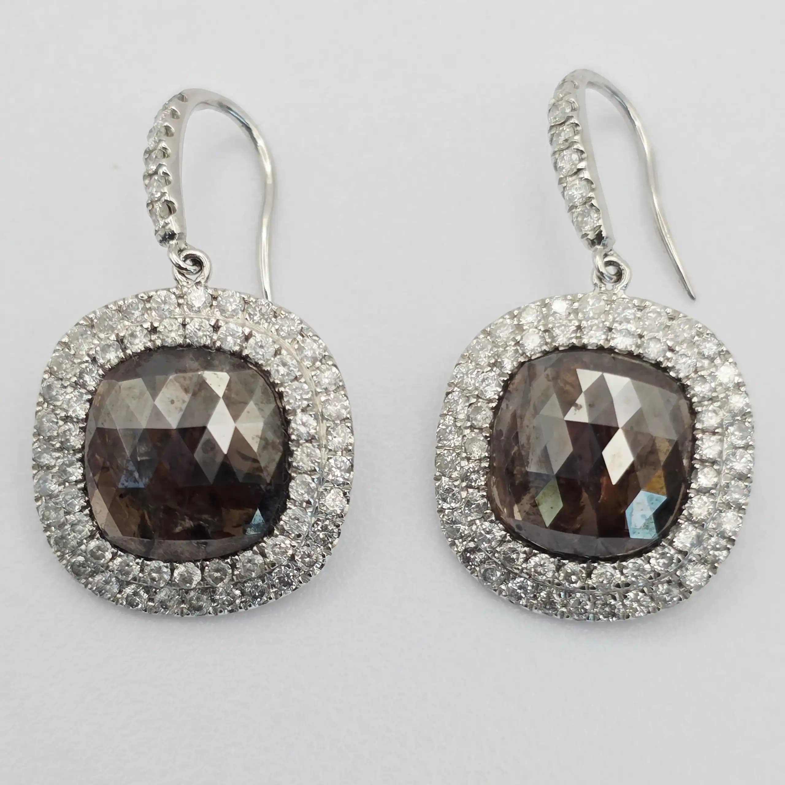 8.26 cts pear rose cut natural diamond double halo drop earrings in 14K white gold