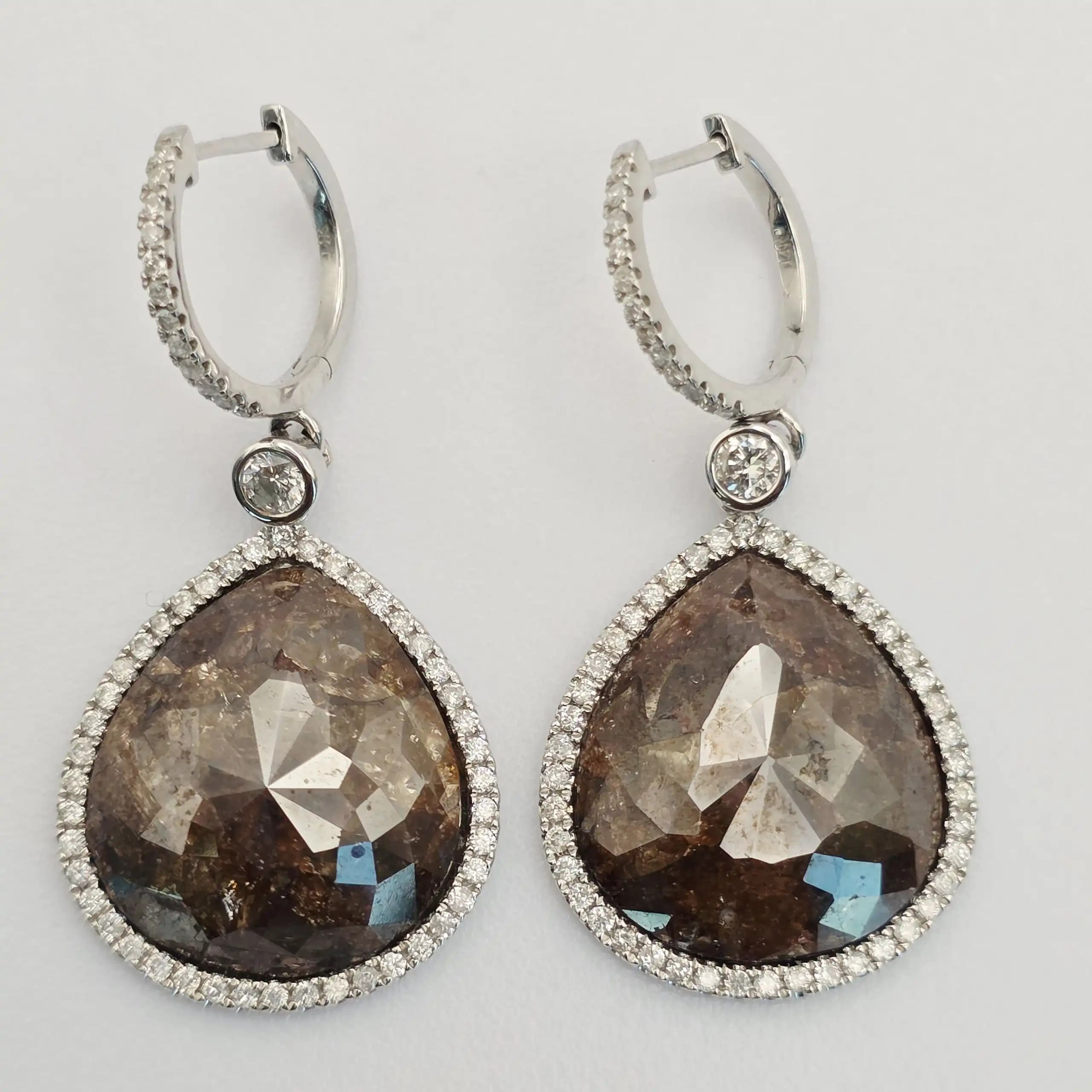 17.40 cts pear rose cut natural diamond halo drop earrings in 14K white gold
