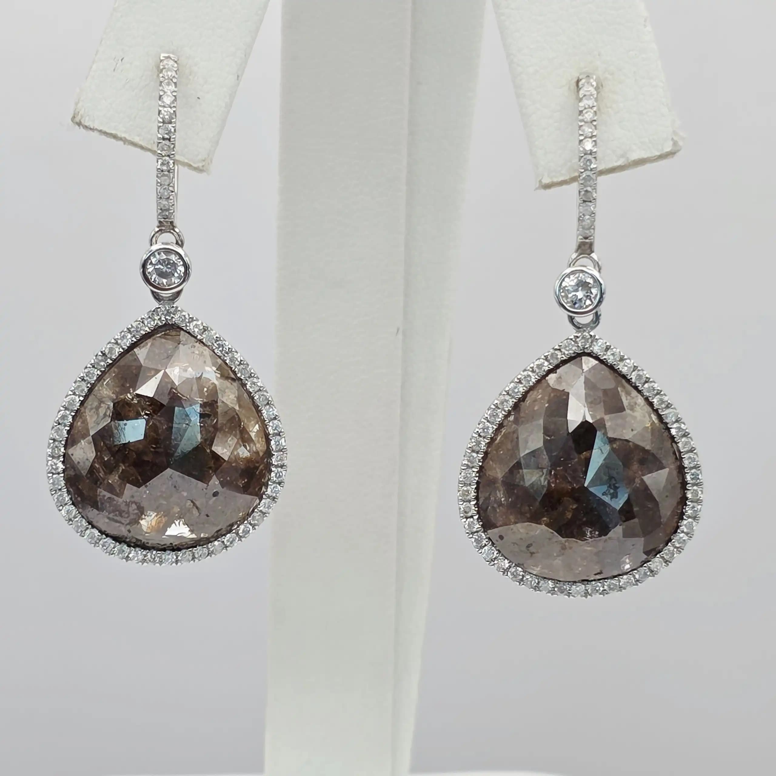 17.40 cts pear rose cut natural diamond halo drop earrings in 14K white gold
