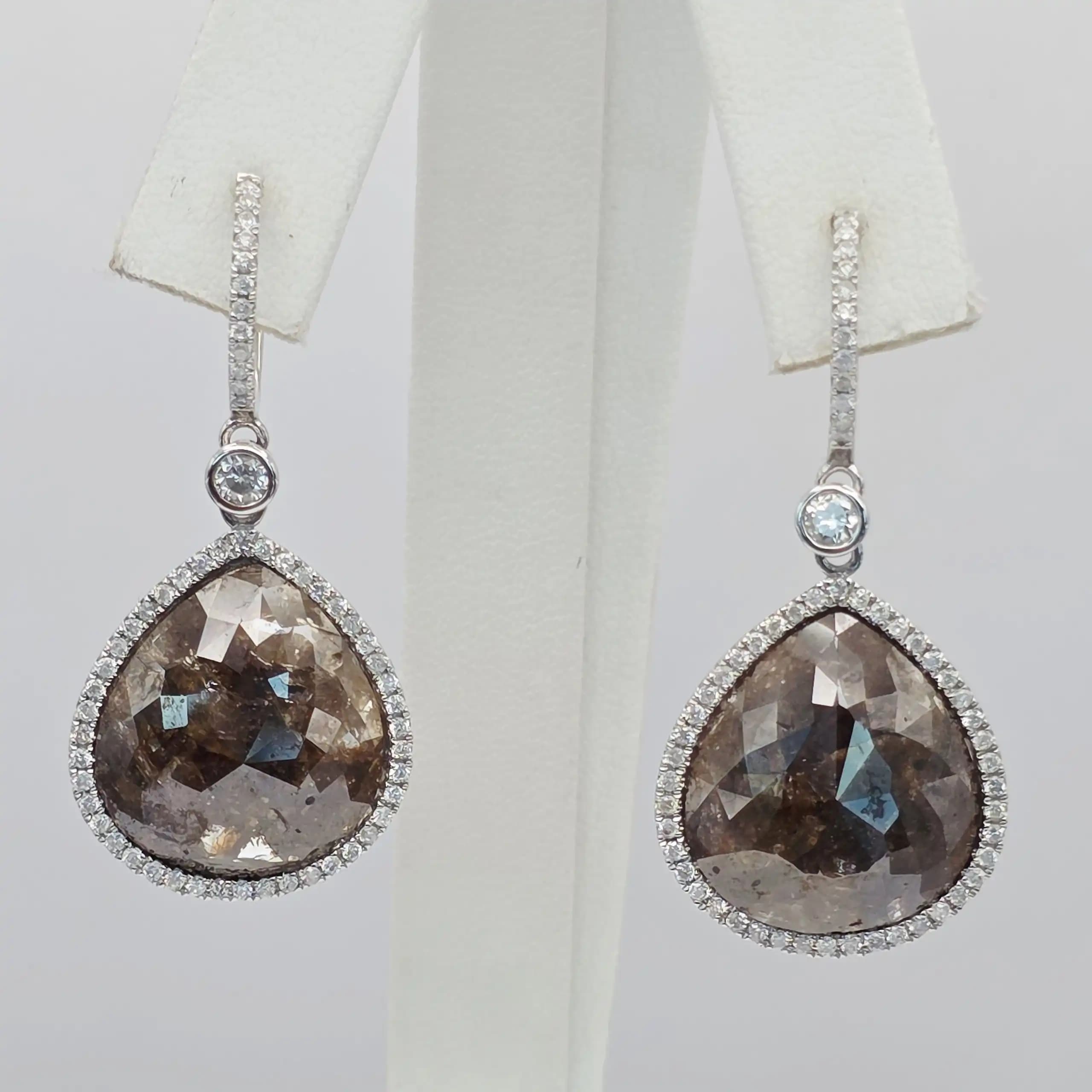 17.40 cts pear rose cut natural diamond halo drop earrings in 14K white gold