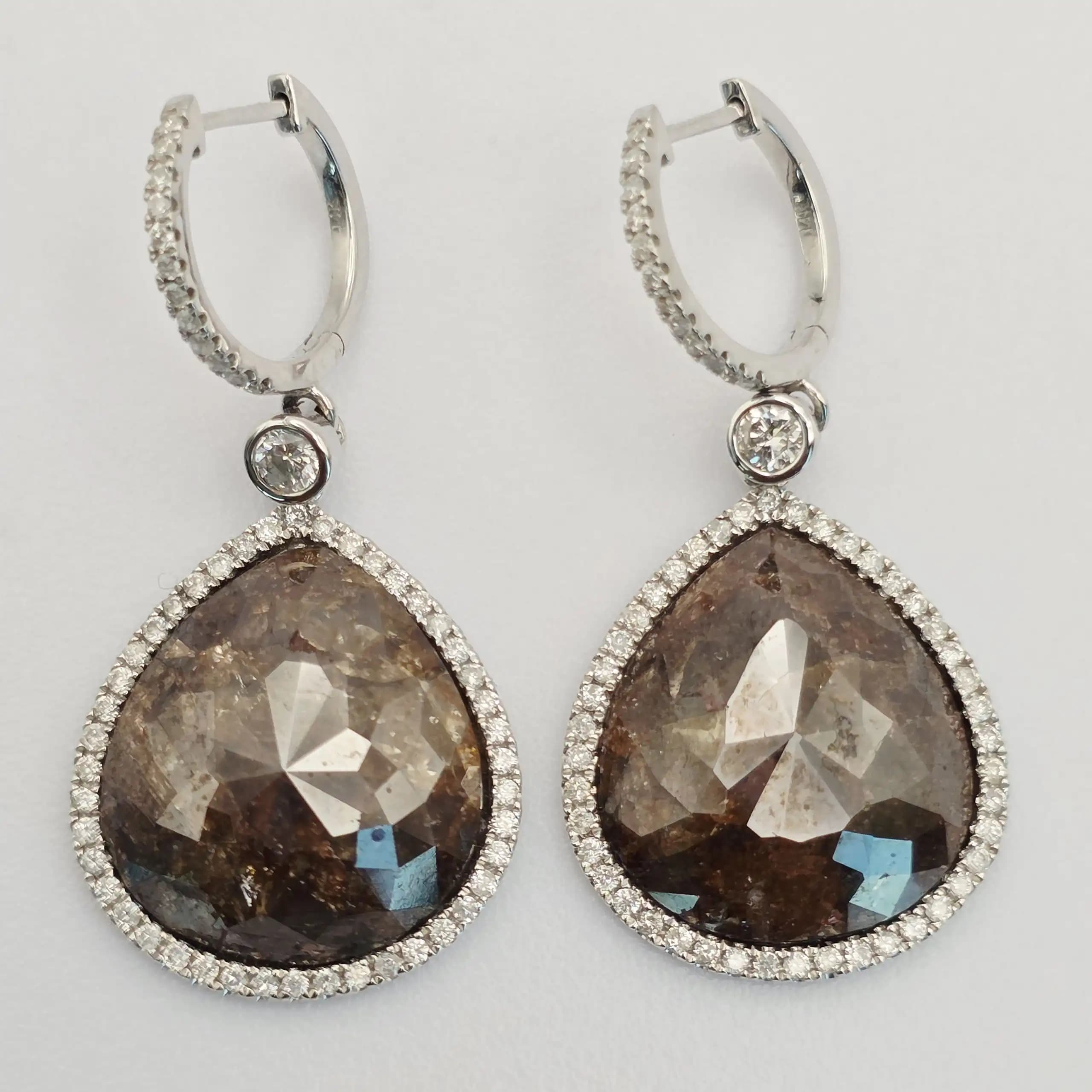 17.40 cts pear rose cut natural diamond halo drop earrings in 14K white gold
