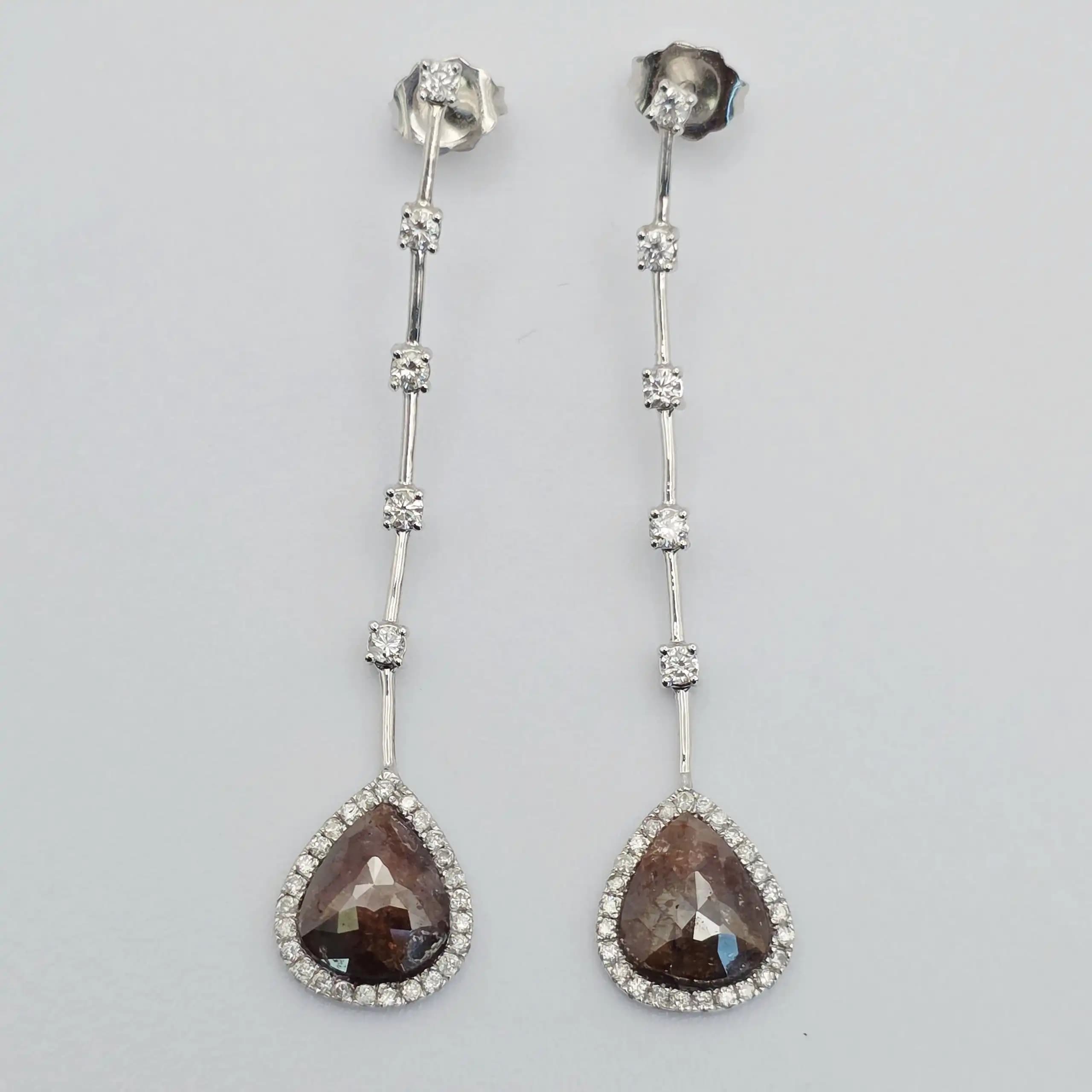 3.12 cts pear rose cut natural diamond long drop earrings in 14K white gold