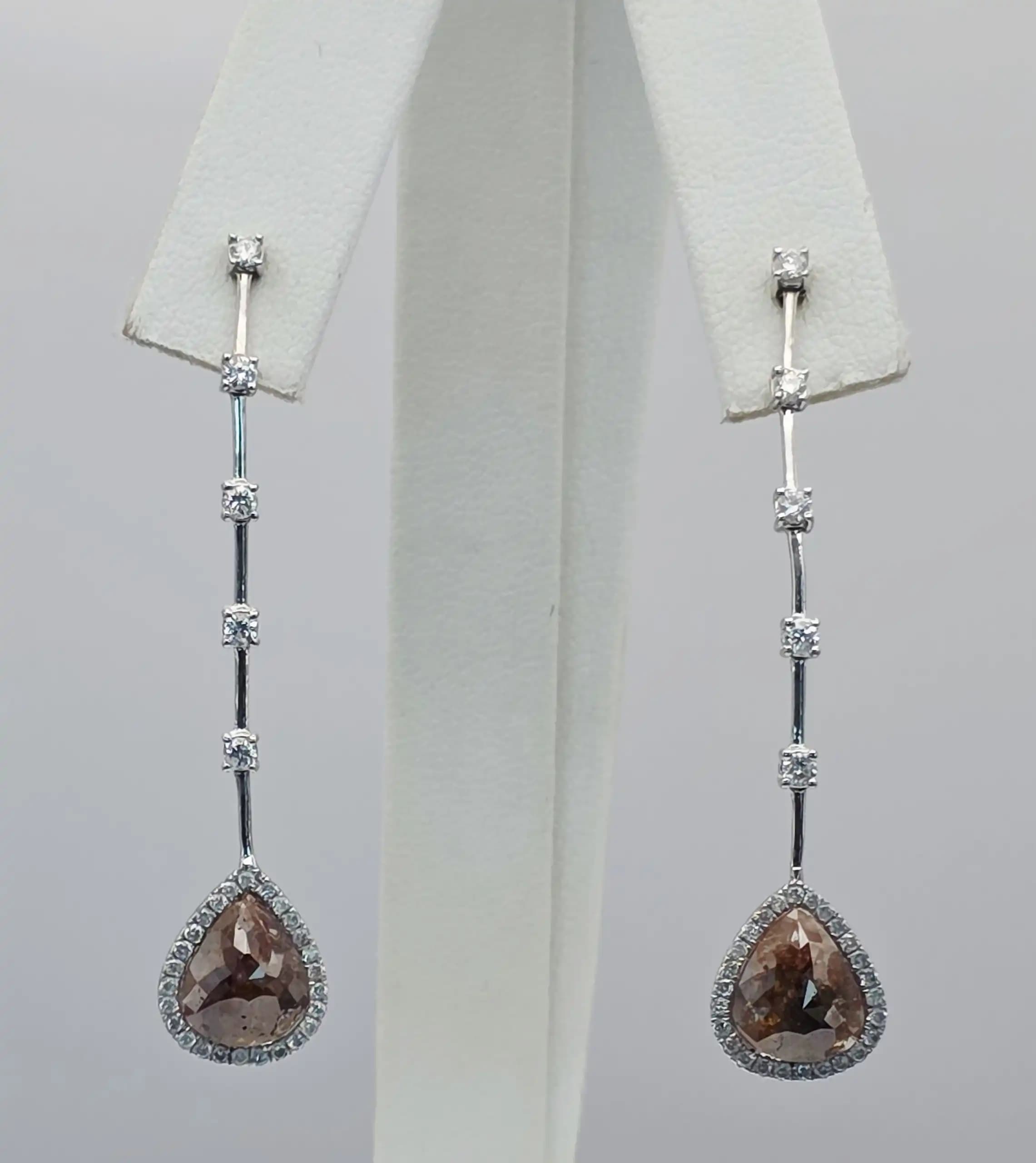 3.12 cts pear rose cut natural diamond long drop earrings in 14K white gold