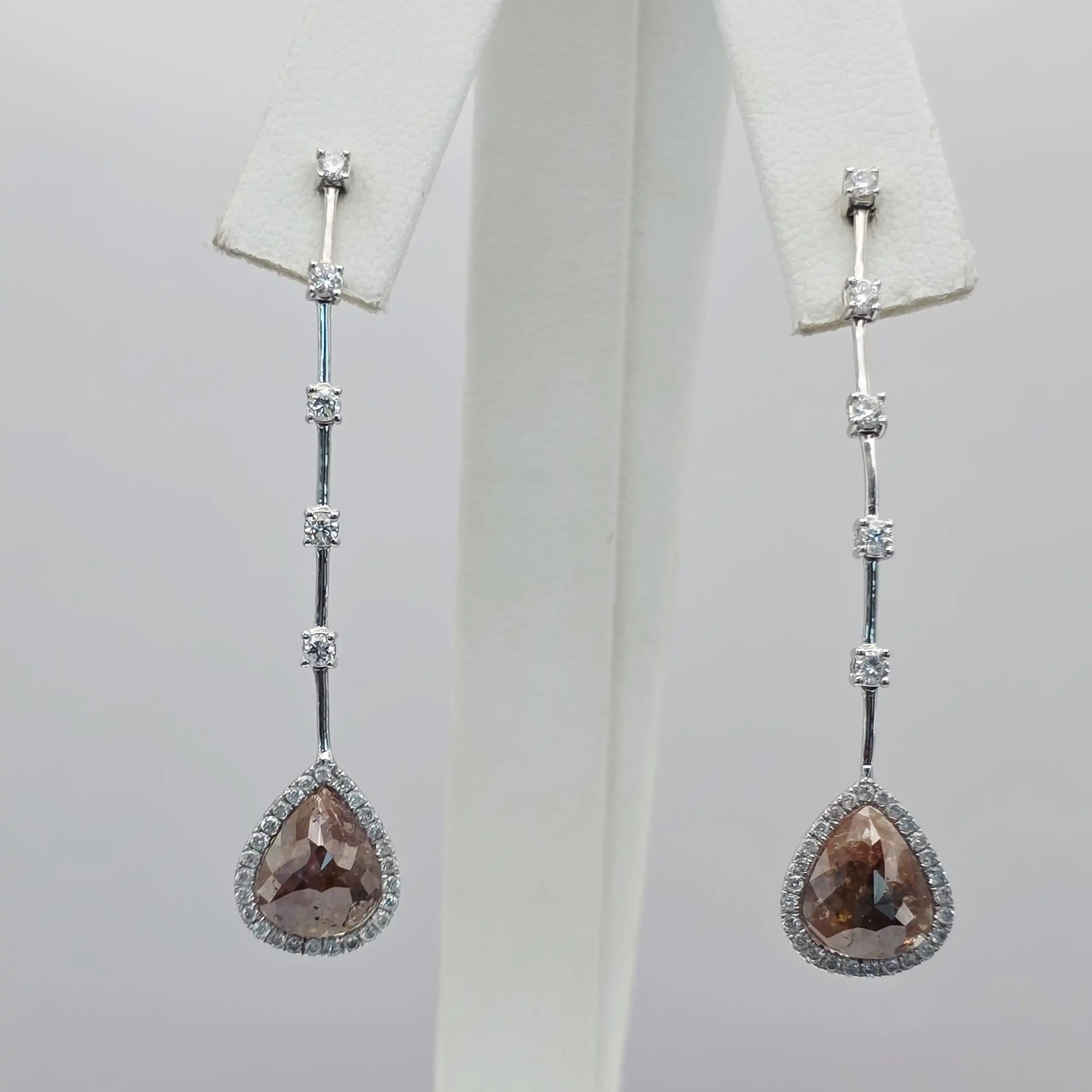 3.12 cts pear rose cut natural diamond long drop earrings in 14K white gold
