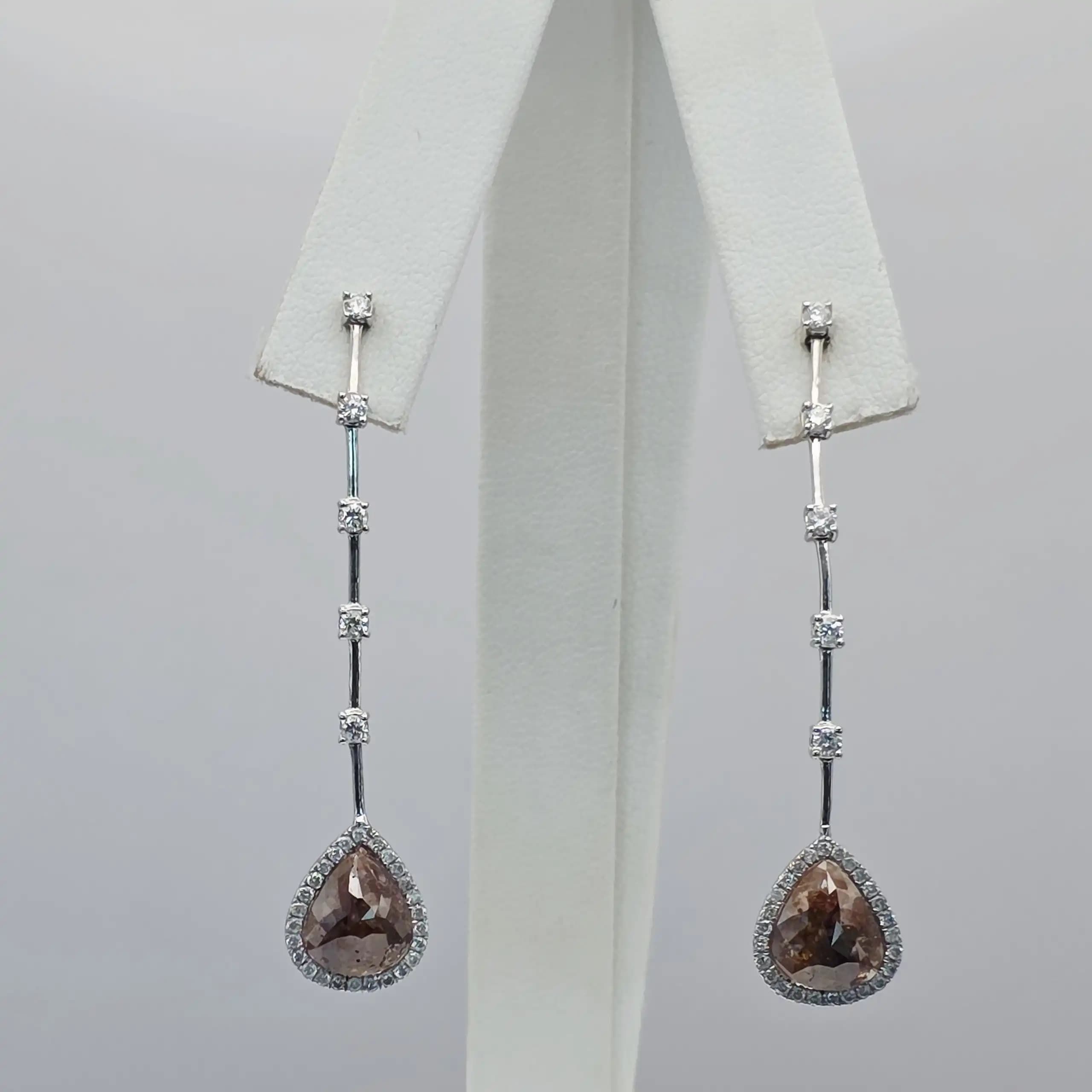 3.12 cts pear rose cut natural diamond long drop earrings in 14K white gold