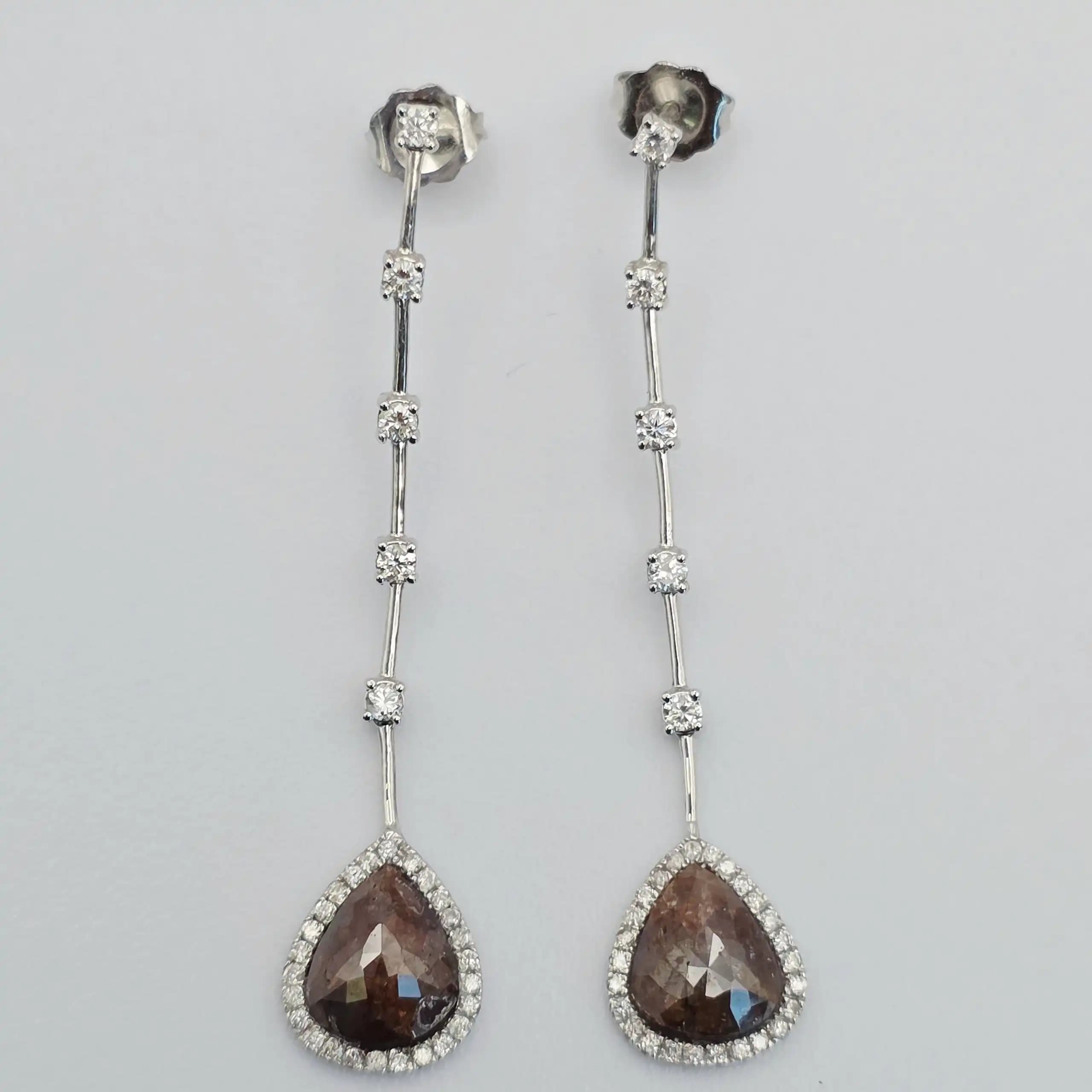3.12 cts pear rose cut natural diamond long drop earrings in 14K white gold