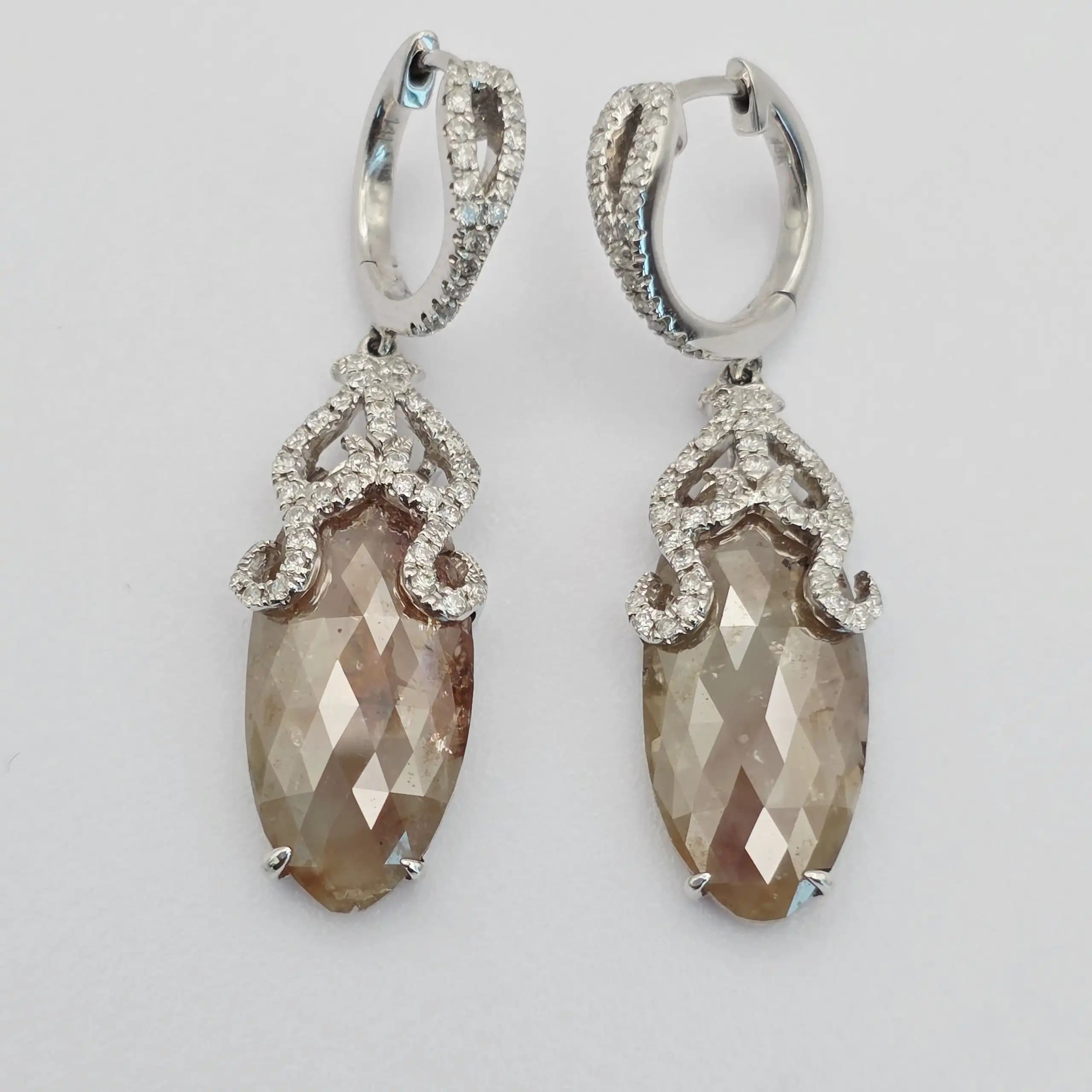 10.50 cts marquise rose cut natural diamond drop earrings in 14K white gold