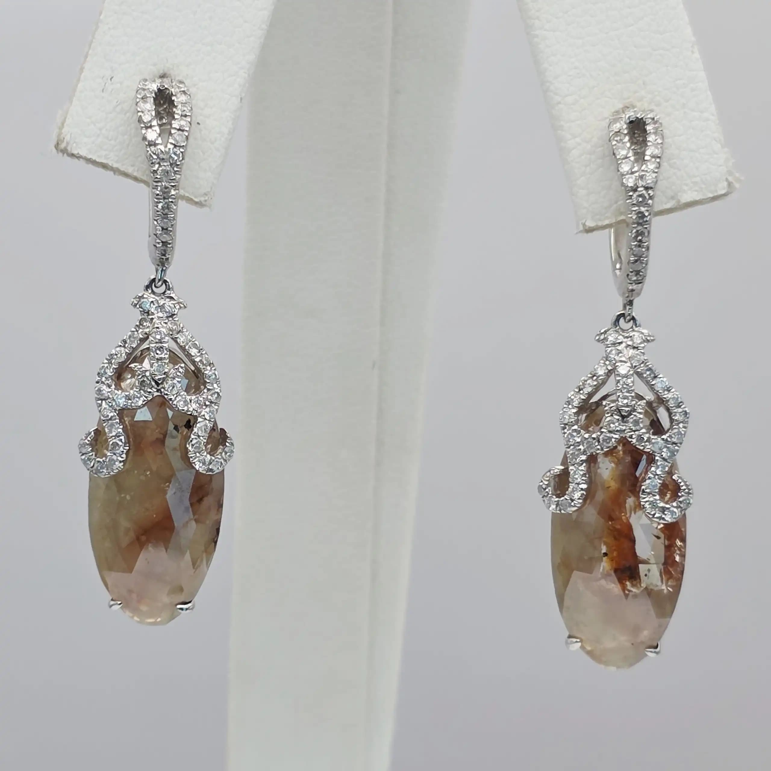 10.50 cts marquise rose cut natural diamond drop earrings in 14K white gold