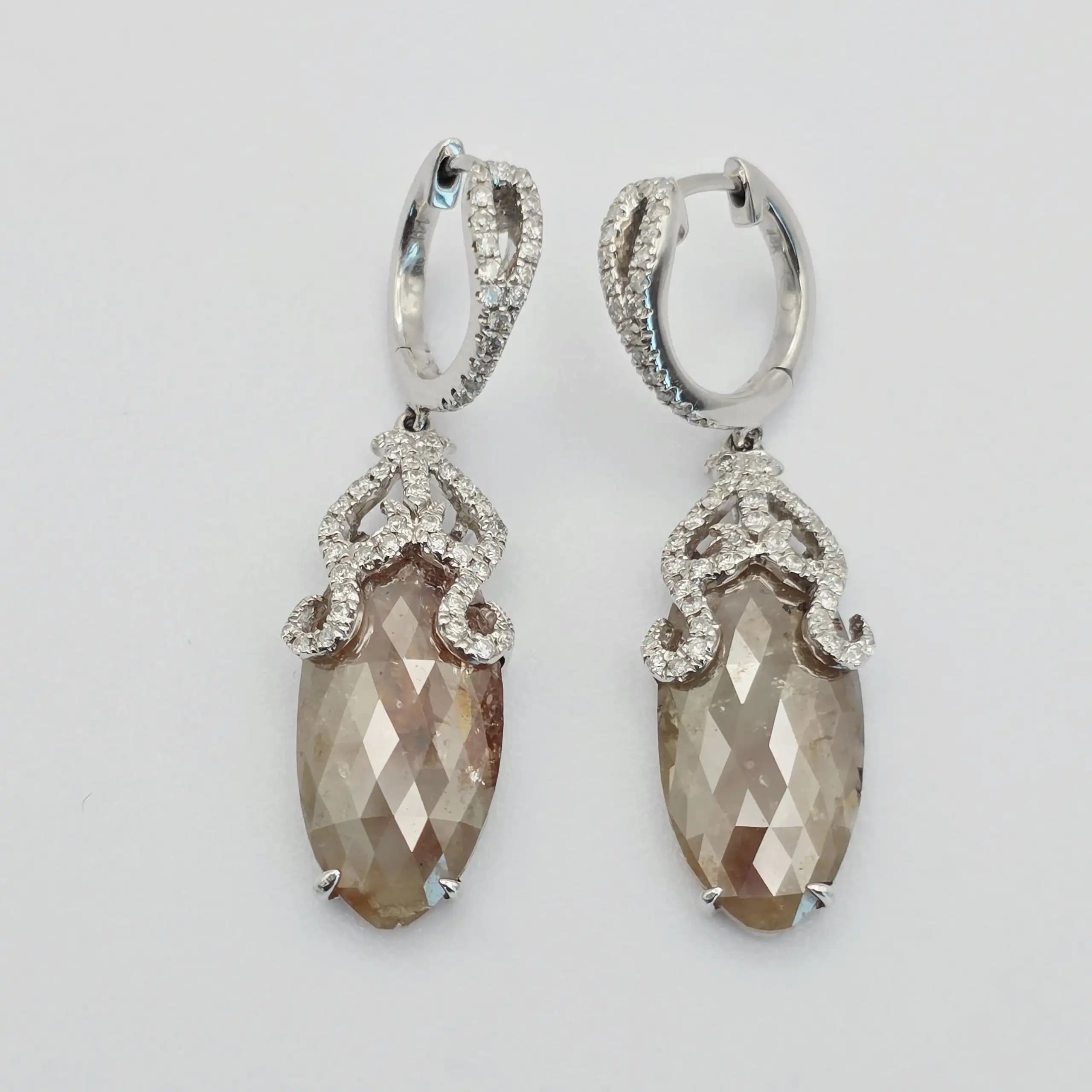 10.50 cts marquise rose cut natural diamond drop earrings in 14K white gold