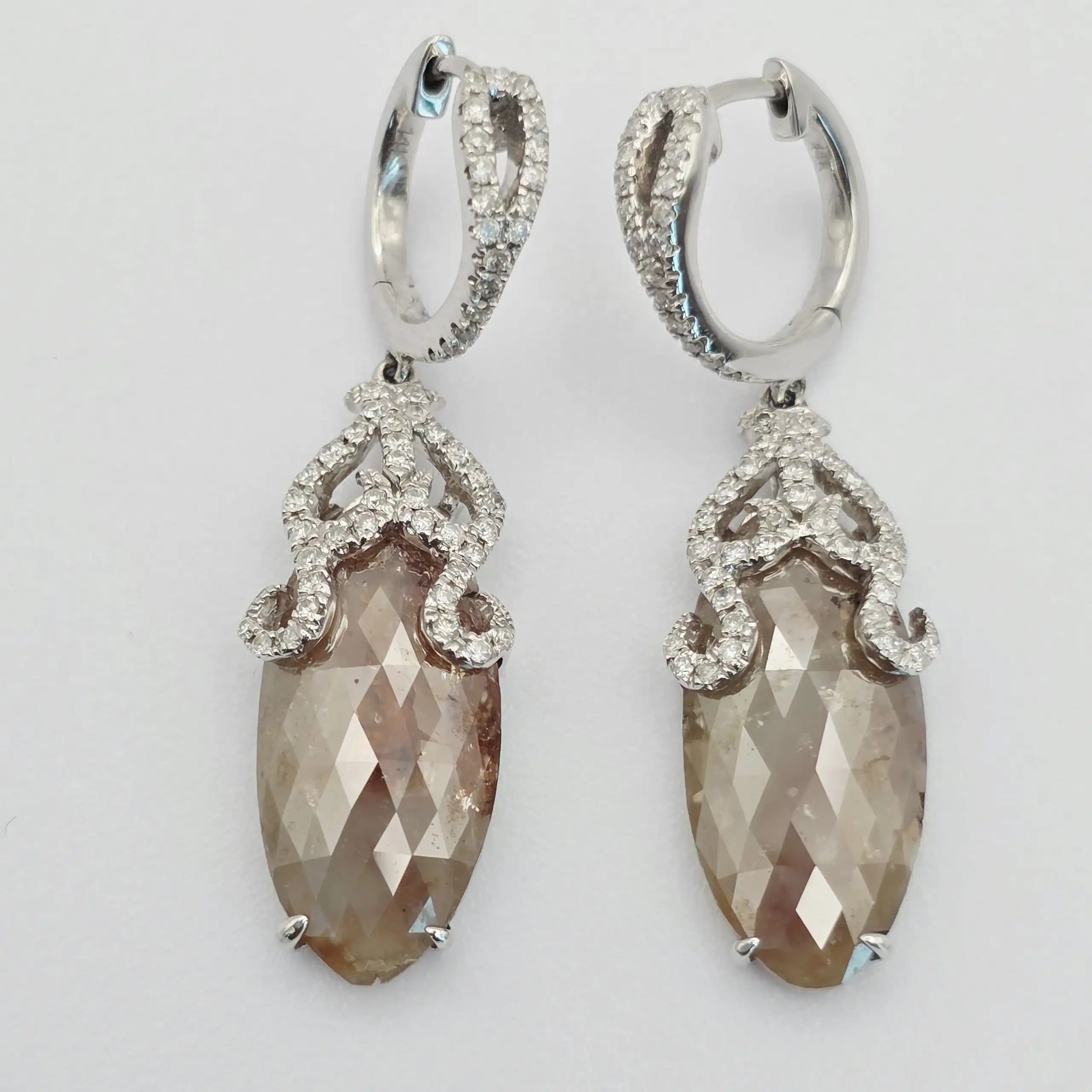 10.50 cts marquise rose cut natural diamond drop earrings in 14K white gold
