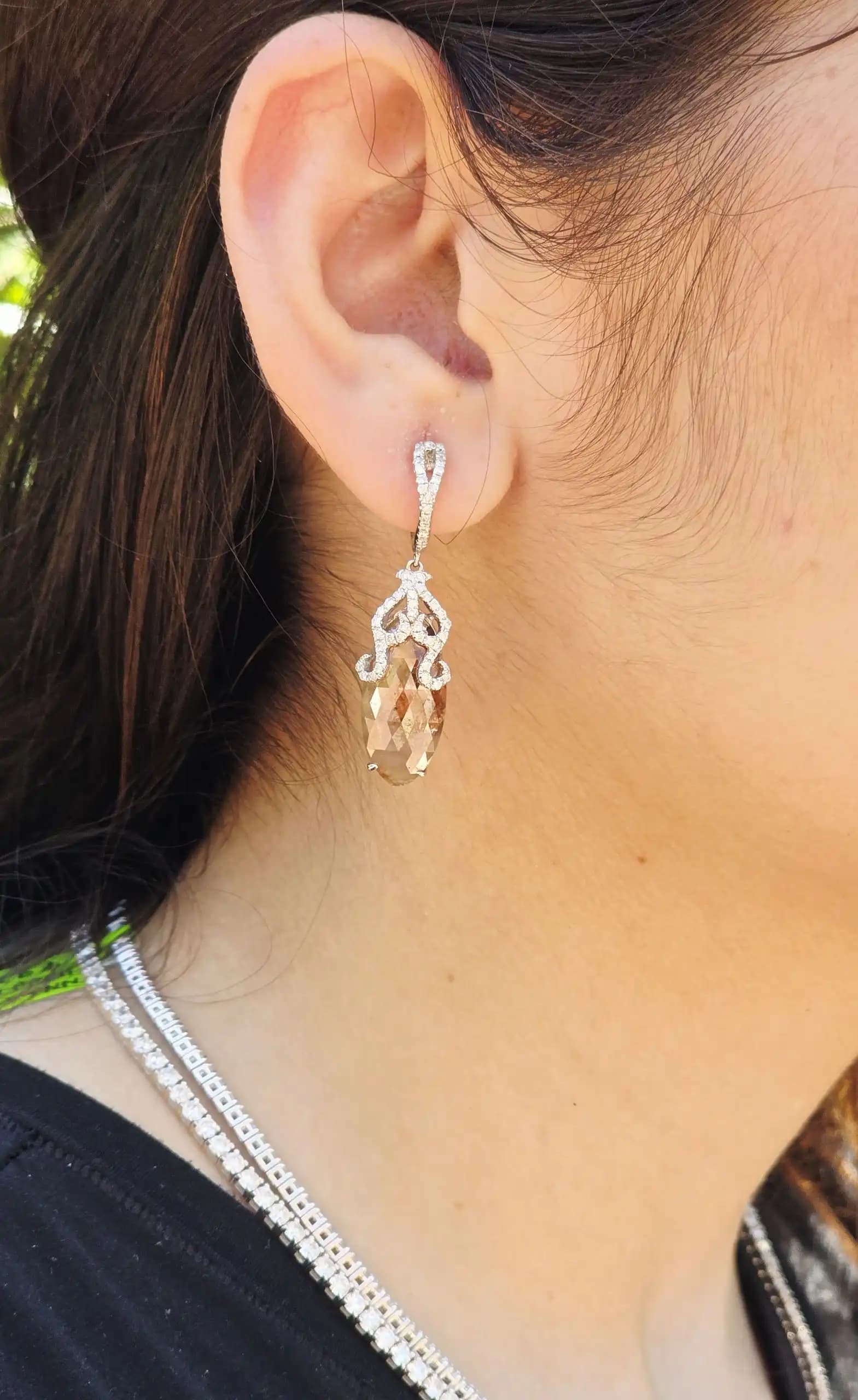 10.50 cts marquise rose cut natural diamond drop earrings in 14K white gold