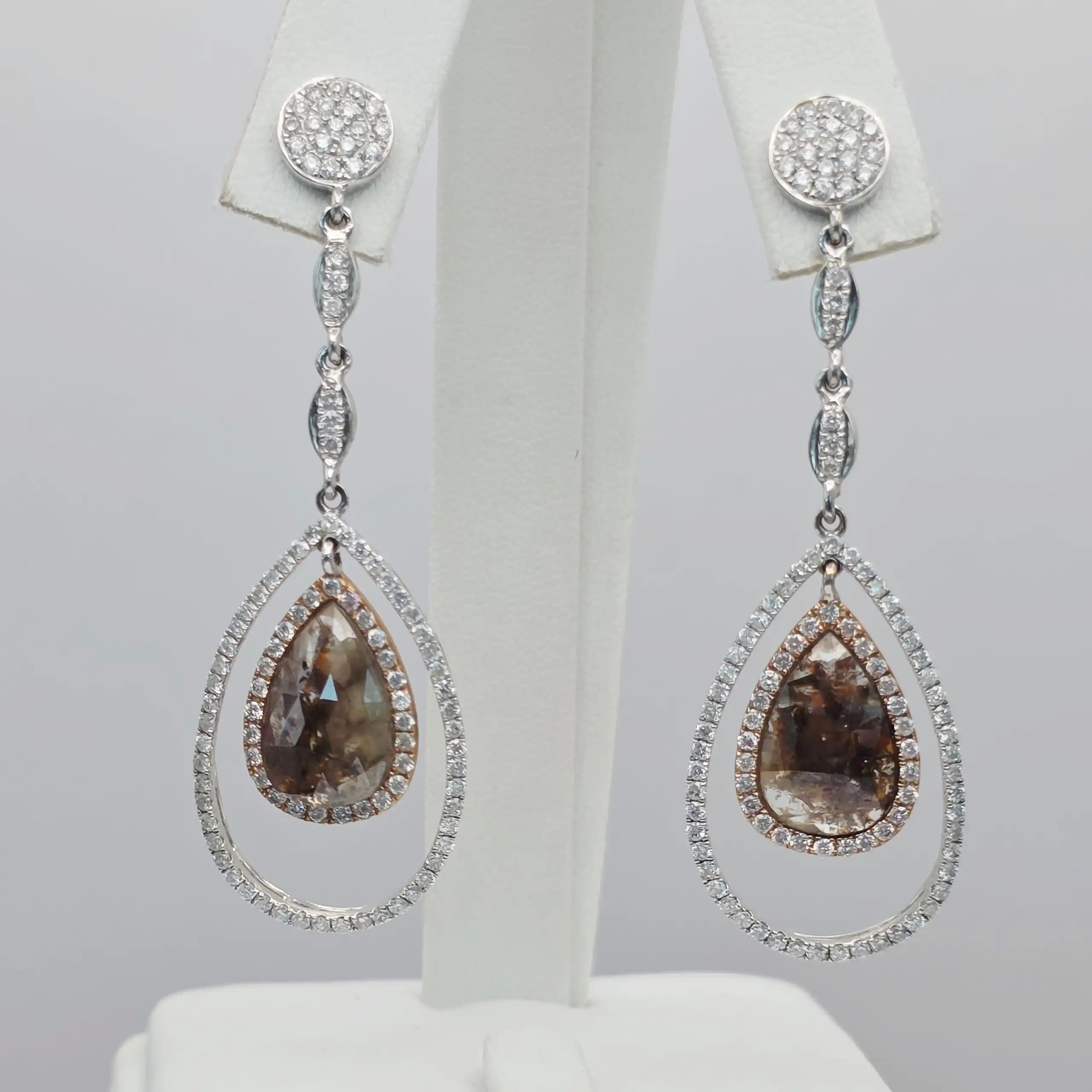 4.46 cts pear rose cut natural diamond orbit drop earrings in two tone 14K gold