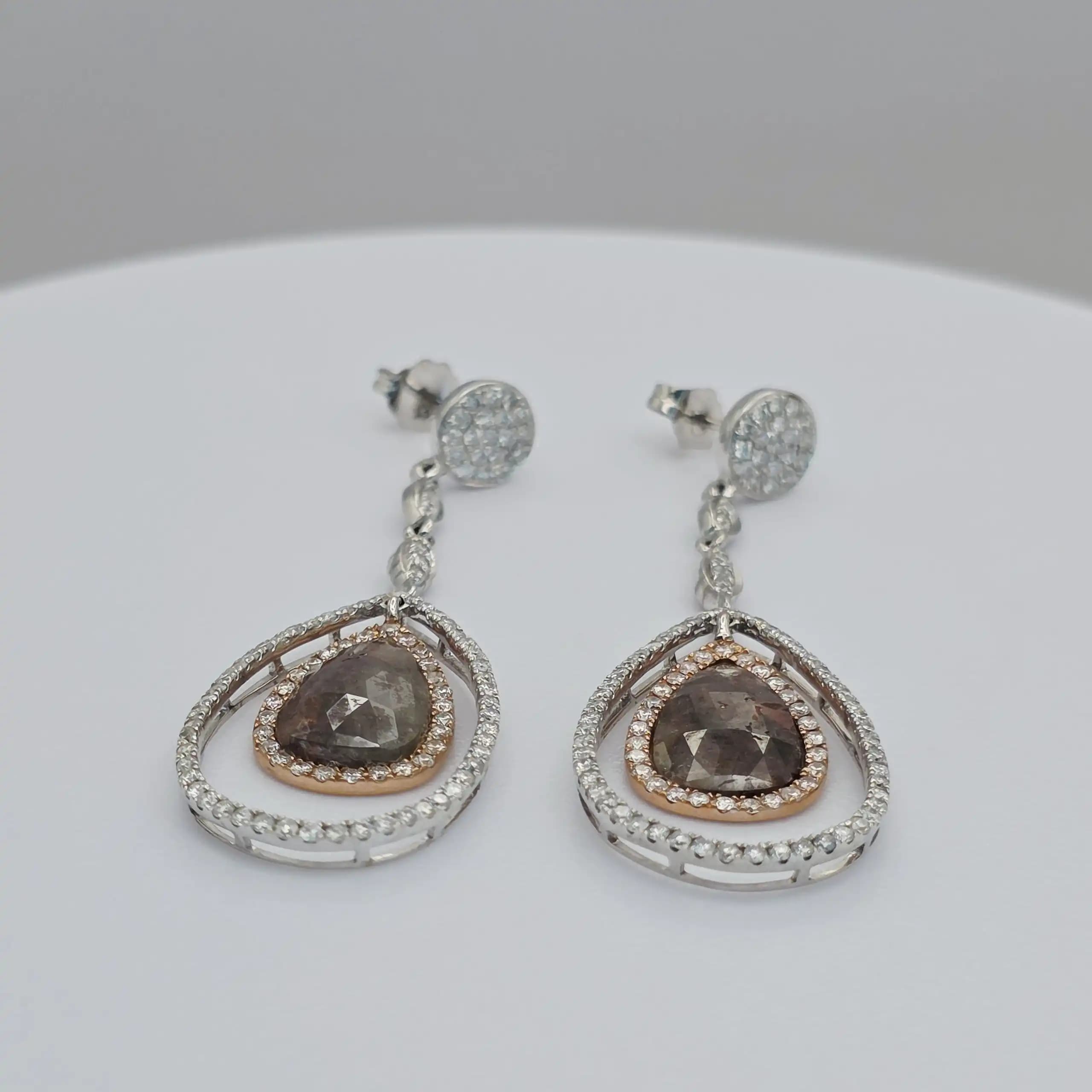 4.46 cts pear rose cut natural diamond orbit drop earrings in two tone 14K gold