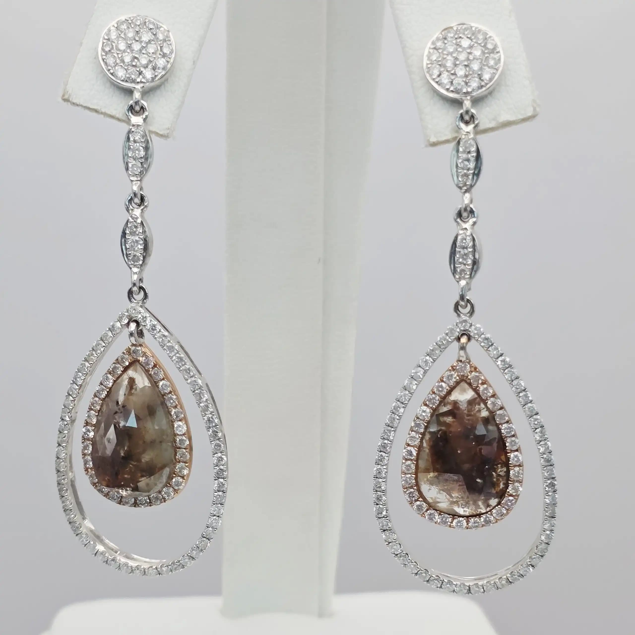 4.46 cts pear rose cut natural diamond orbit drop earrings in two tone 14K gold