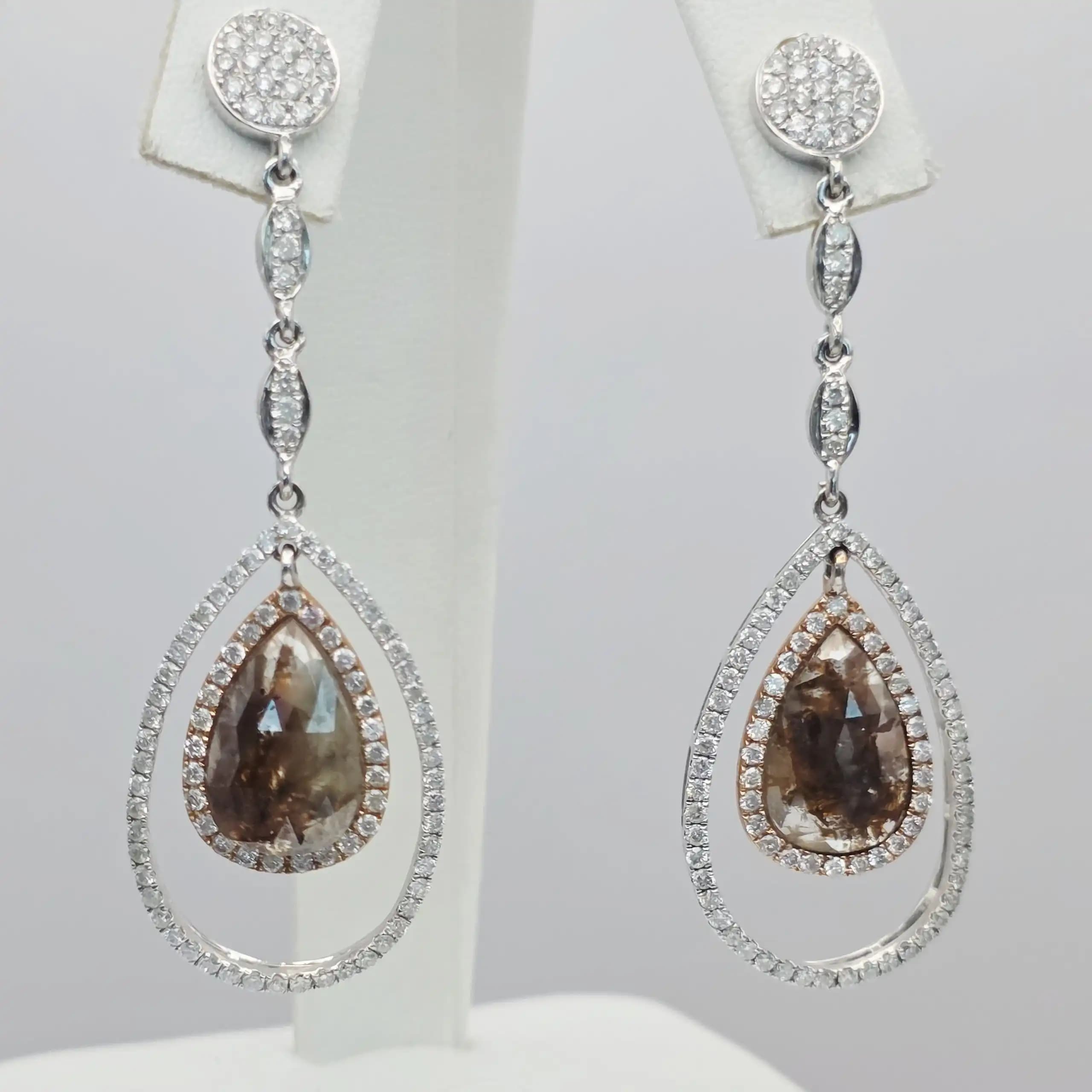 4.46 cts pear rose cut natural diamond orbit drop earrings in two tone 14K gold