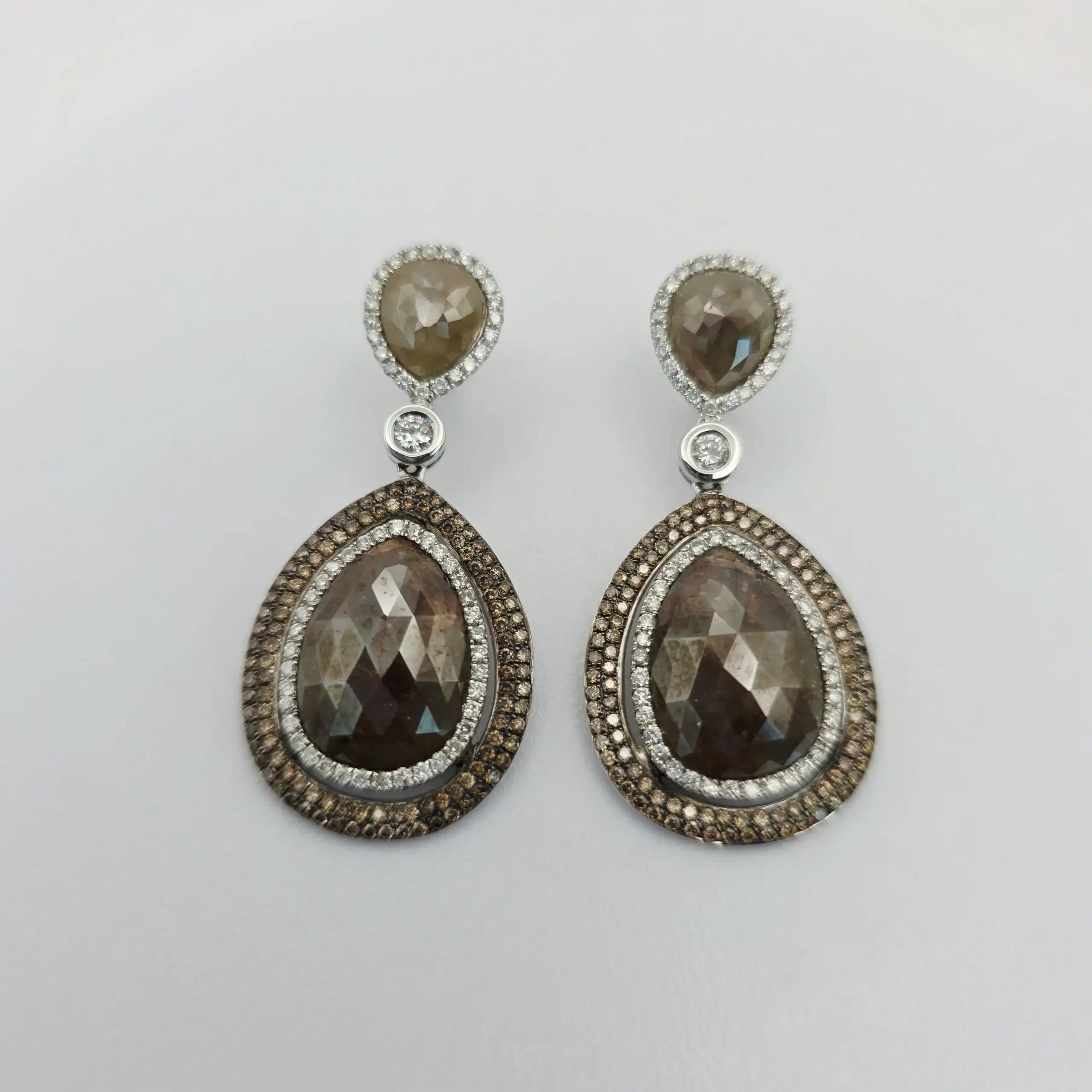 16.39 cts oval rose cut natural diamond drop earrings in 14K white gold