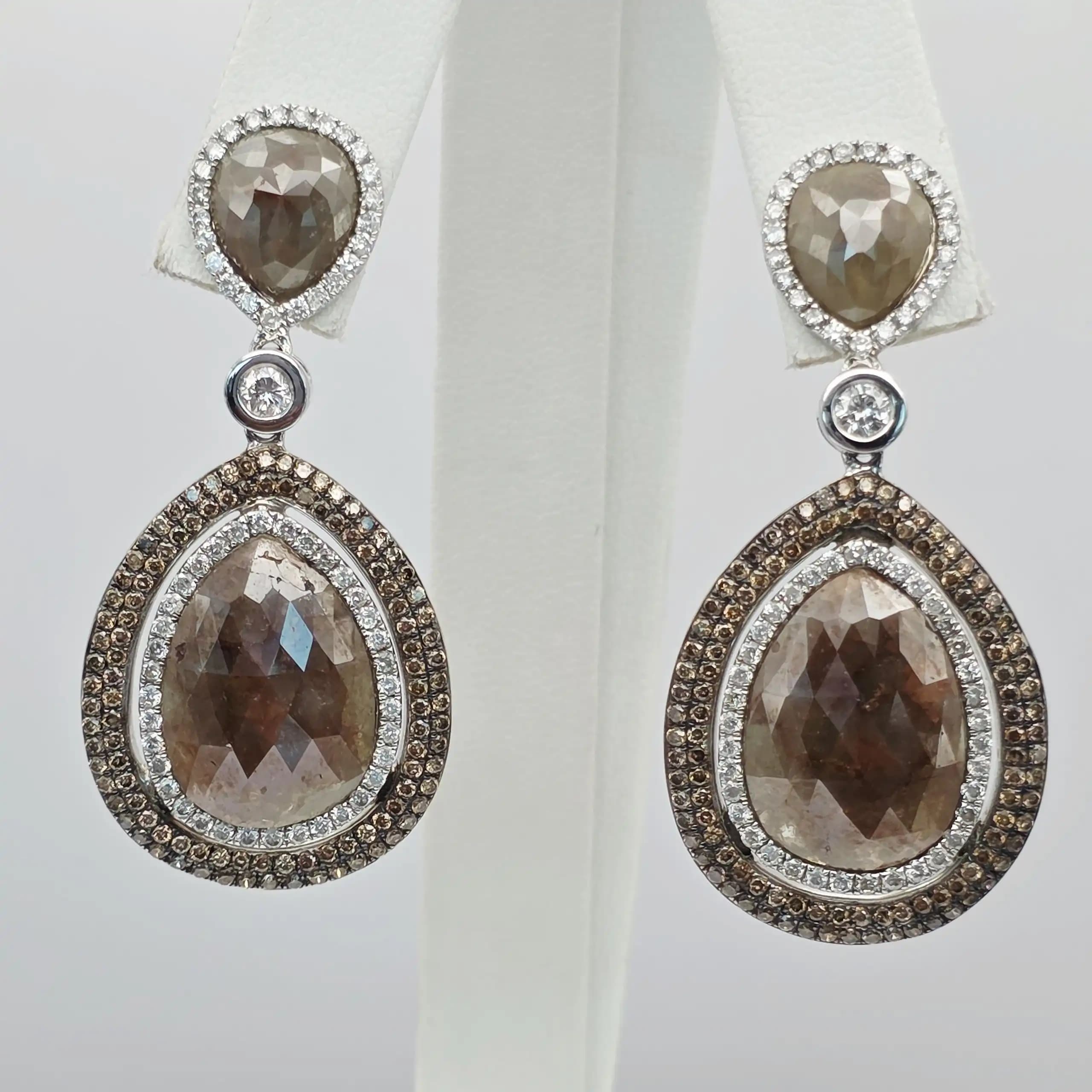 16.39 cts oval rose cut natural diamond drop earrings in 14K white gold