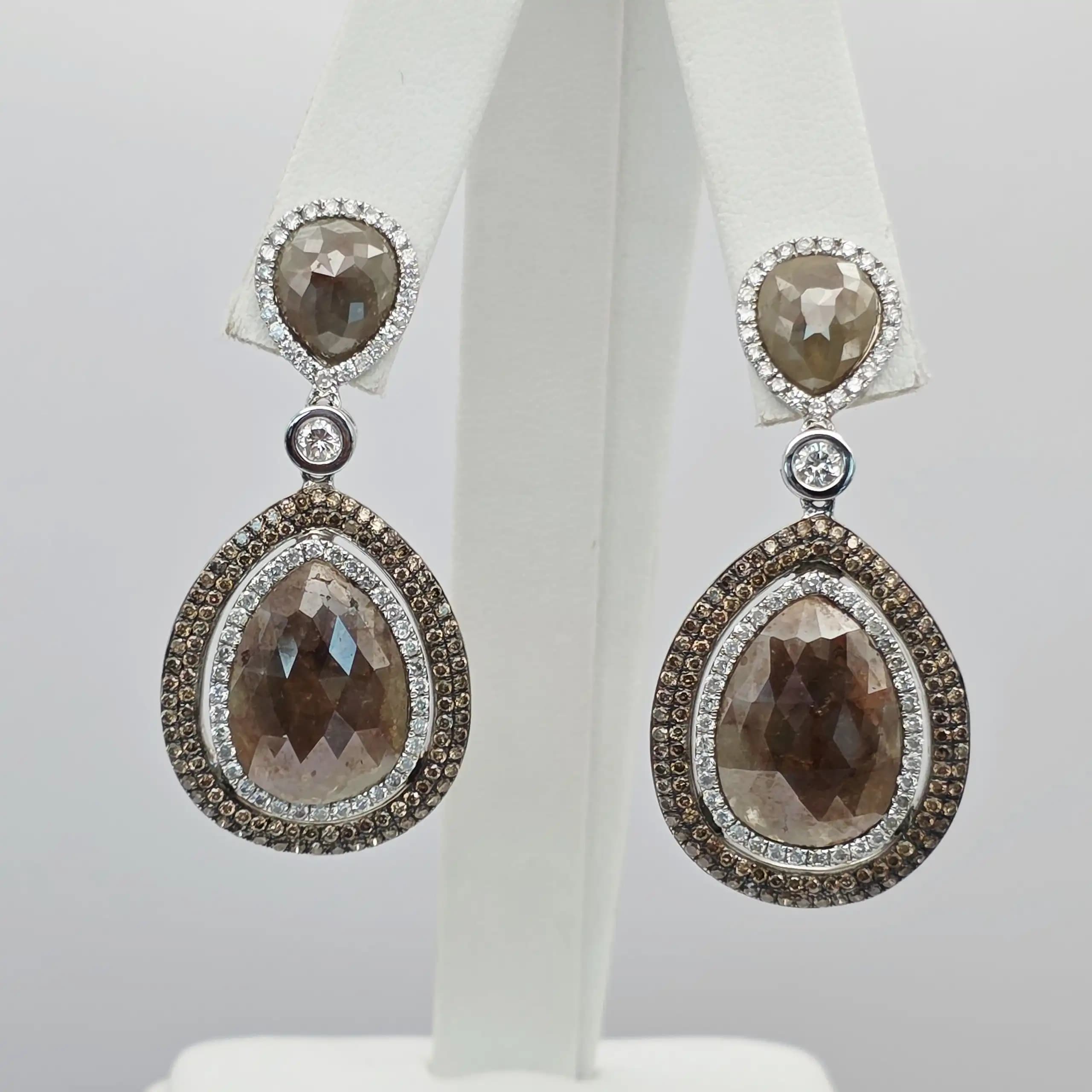 16.39 cts oval rose cut natural diamond drop earrings in 14K white gold