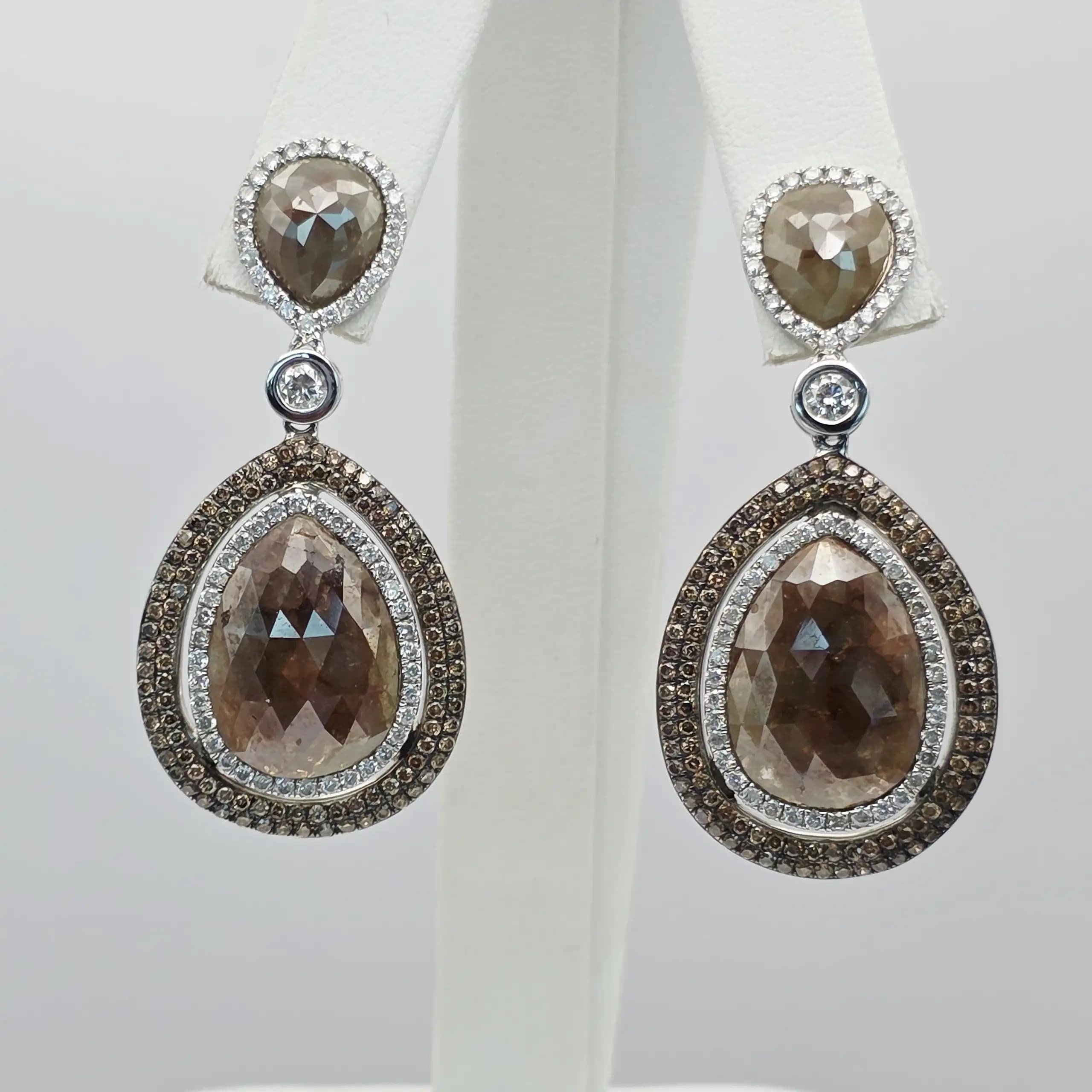 16.39 cts oval rose cut natural diamond drop earrings in 14K white gold