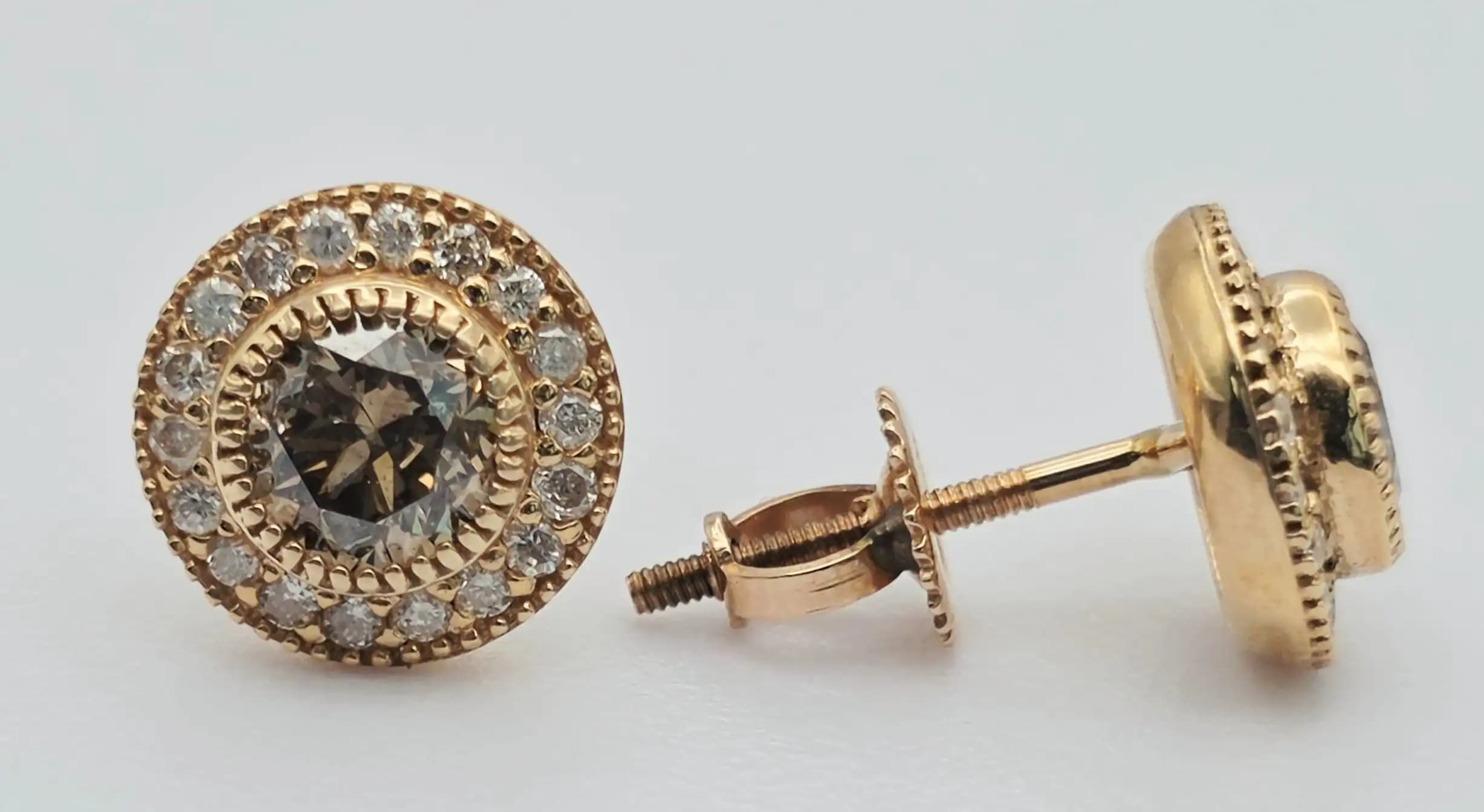 Brown Diamond Halo Stud Earrings with Secure Screw Back